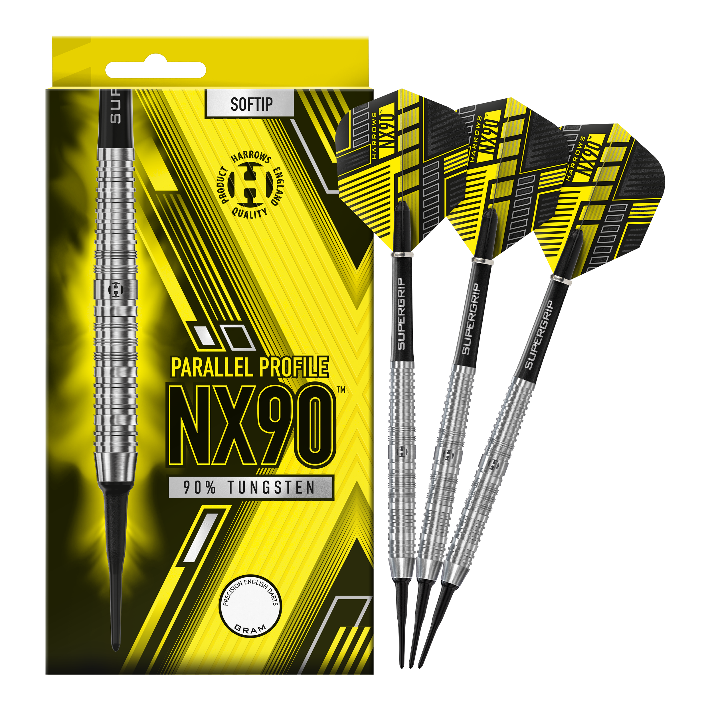 Harrows NX90 Softdarts paralleli Das Bild zeigt eine Packung der Harrows NX90 Parallel Softdarts mit gelb-schwarzem Design. Daneben liegen drei silberne Softdarts mit schwarzen und gelben Flights.