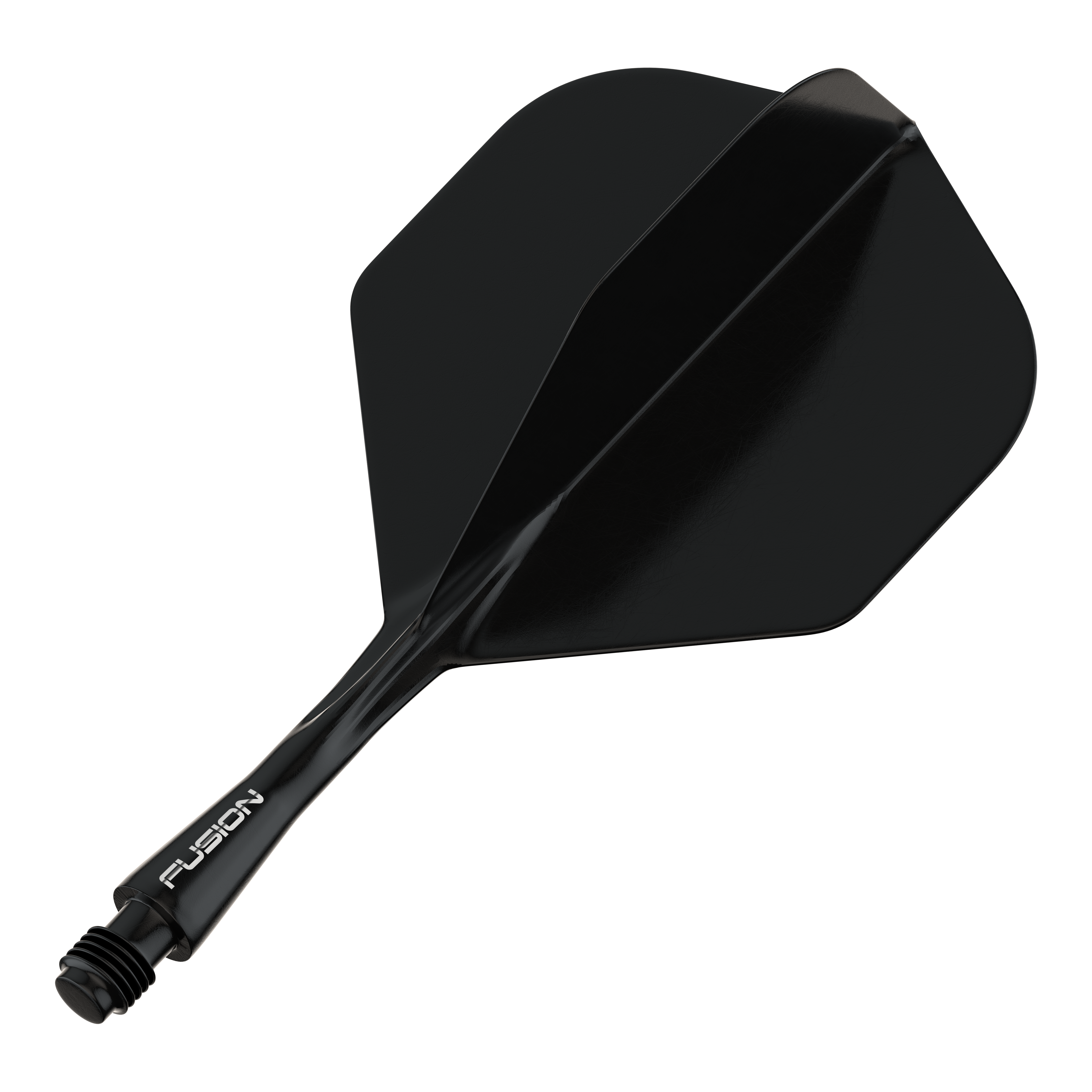 Sistema di alberi di volo Winmau Fusion standard nero Das Bild zeigt ein schwarzes Dart-Flightsystem mit einem Schaft. Auf dem Schaft steht das Wort "FUSION".