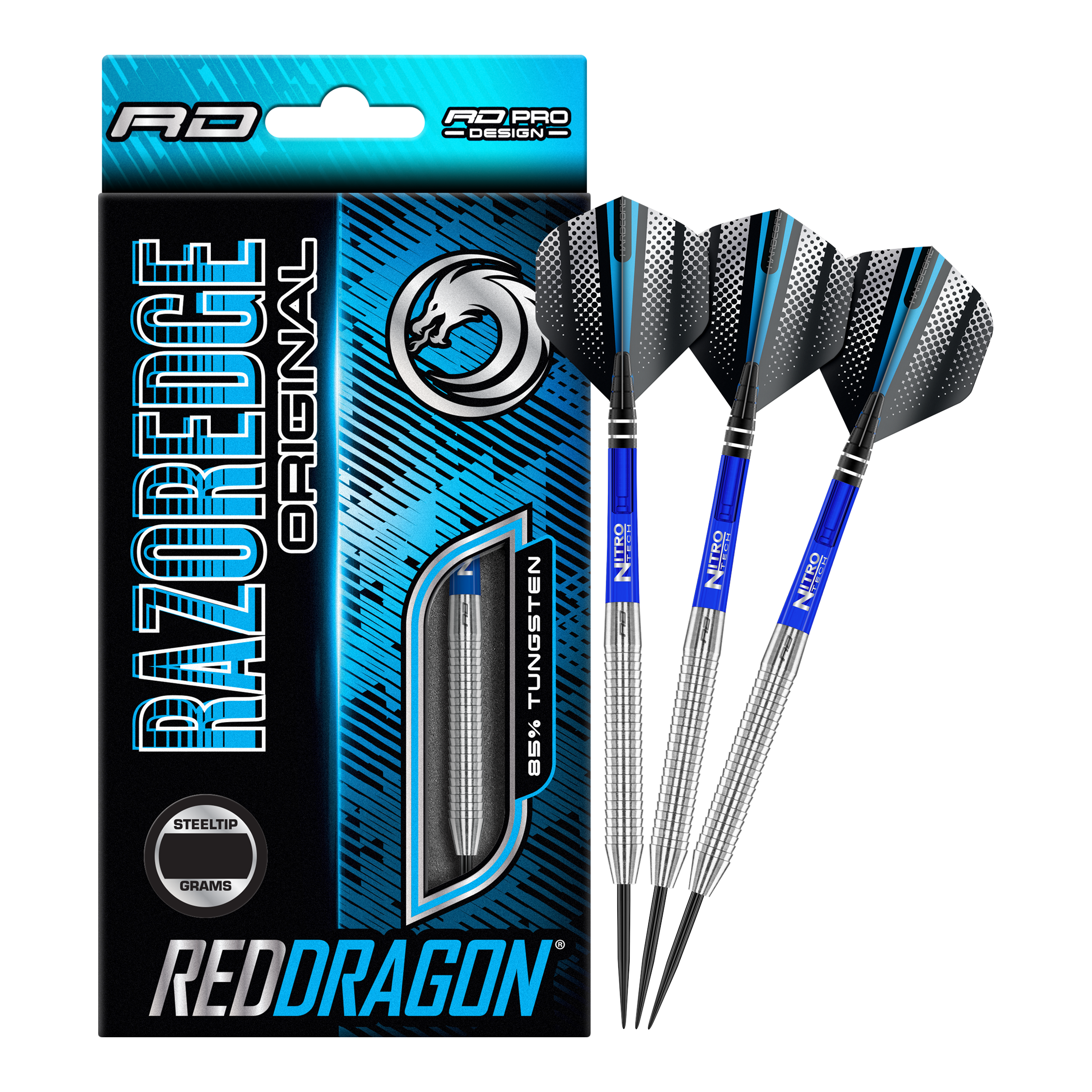 Freccette in acciaio originali Red Dragon Razor Edge Das Bild zeigt eine Packung „Red Dragon Razor Edge Original Steeldarts - 24g“ und drei dazugehörige Dartpfeile. Die Verpackung ist hauptsächlich blau und schwarz gestaltet und hebt den Schriftzug „RAZOREDGE ORIGINAL“ sowie „85% TUNGSTEN“ hervor.