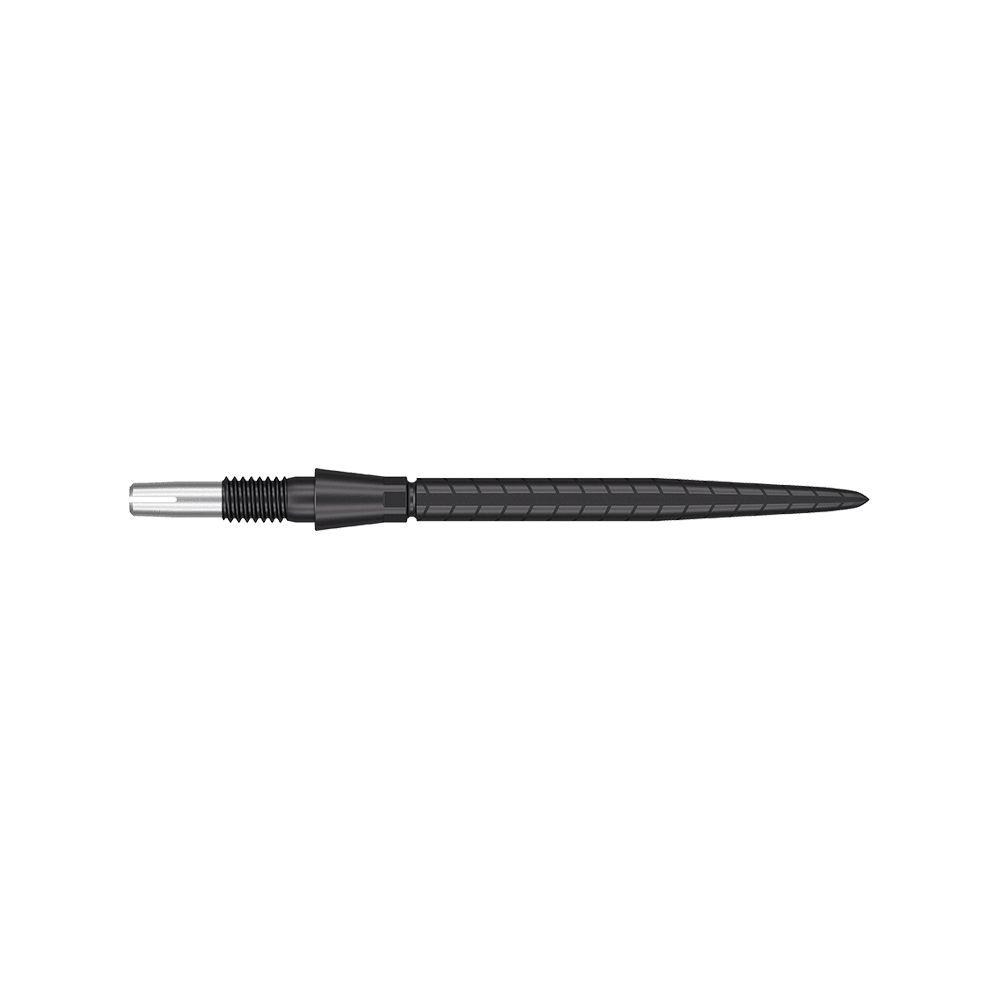 Punte per freccette Target Swiss Storm Quartz - Nere Das Bild zeigt eine schwarze Dartspitze mit feinen Rillen und einem schlanken Design. Die Spitze hat eine Länge von 30 mm und wirkt hochwertig verarbeitet.