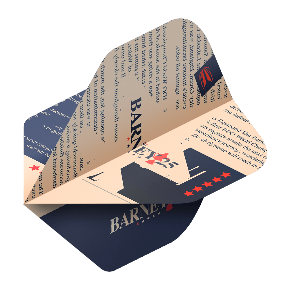 Target ProUltra Raymond Van Barneveld Barney25 voli standard Das Bild zeigt einen Target ProUltra Raymond Van Barneveld Barney25 Standard Flight für Darts. Das Design ist in Blau und Beige gehalten und enthält Sterne sowie den Schriftzug "Barney25".