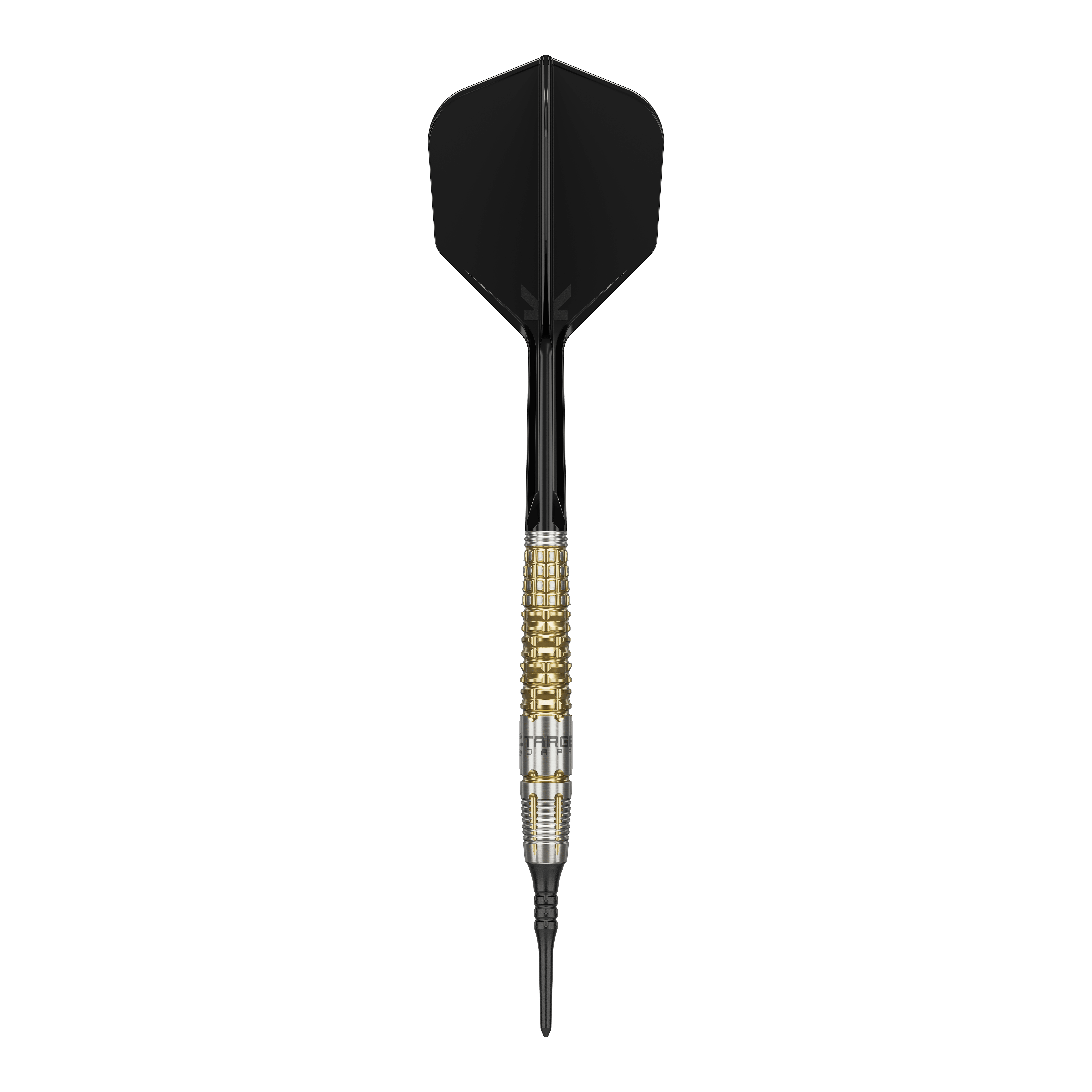 Freccette morbide Target Japan Black Marque Warrior - 18,5 g Das Bild zeigt einen Target Japan Black Marque Warrior Softdart mit einem Gewicht von 18,5g. Der Dart hat eine schwarze Spitze und Flügel sowie einen gold-silbernen Griffbereich.