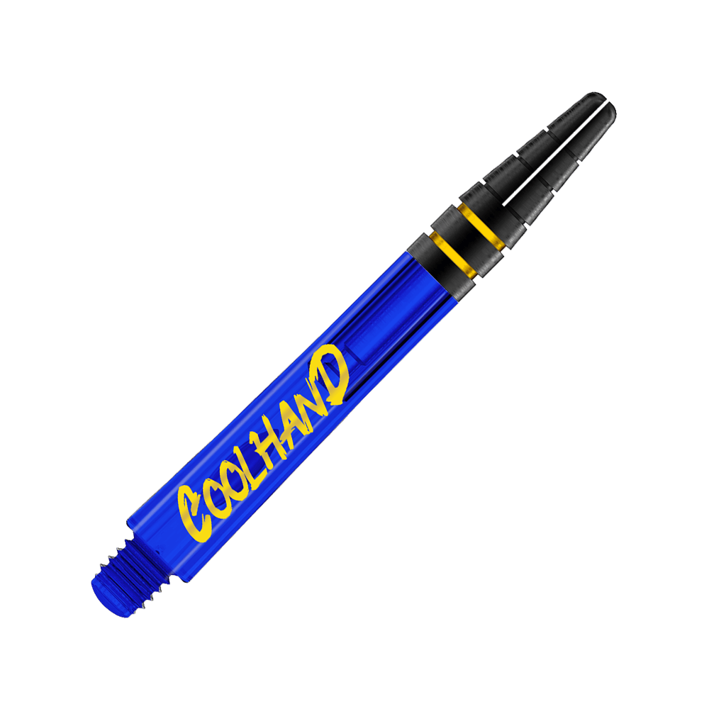Alberi Red Dragon Nitrotech Luke Humphries Coolhand - Blu Dies ist ein blauer Dart-Schaft mit der gelben Aufschrift "COOLHAND". Am oberen Ende befinden sich zwei schwarze Ringe mit goldenen Akzenten.