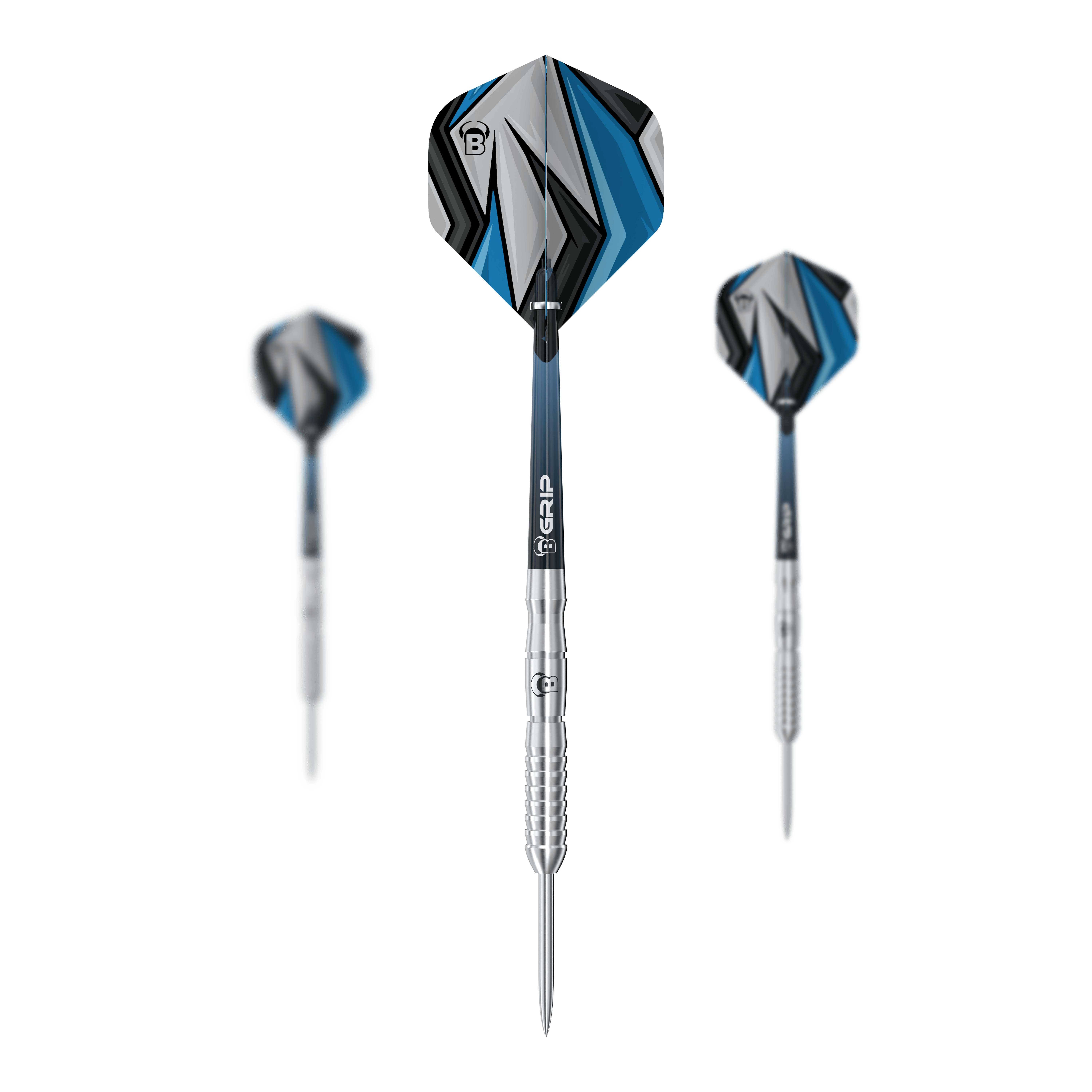 Bulls Stone S3 Steeldarts Auf dem Bild sind drei Bulls Stone S3 Steeldarts zu sehen. Sie haben silberne Spitzen und moderne Flights in Blau, Schwarz und Grau.
