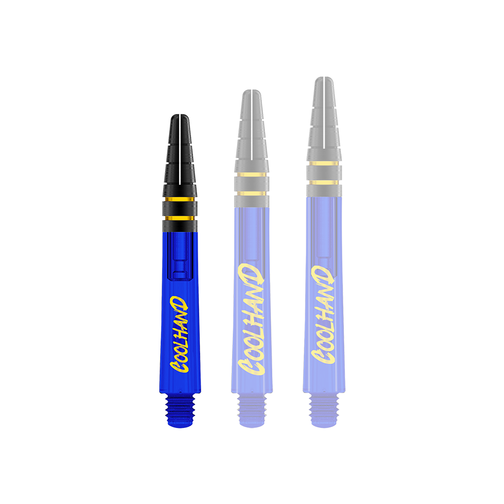 Alberi Red Dragon Nitrotech Luke Humphries Coolhand - Blu Auf dem Bild sind drei blaue Dartschäfte mit gelbem Schriftzug "COOLHAND" zu sehen. Oben haben sie schwarze Rillen mit goldenen Ringen.