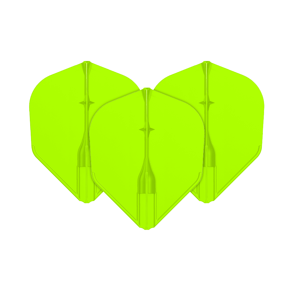 Voli L-L-Style3EZ Auf dem Bild sind drei neon-grüne Dart-Flights zu sehen. Sie sind nebeneinander angeordnet und haben eine klassische Pfeilform.