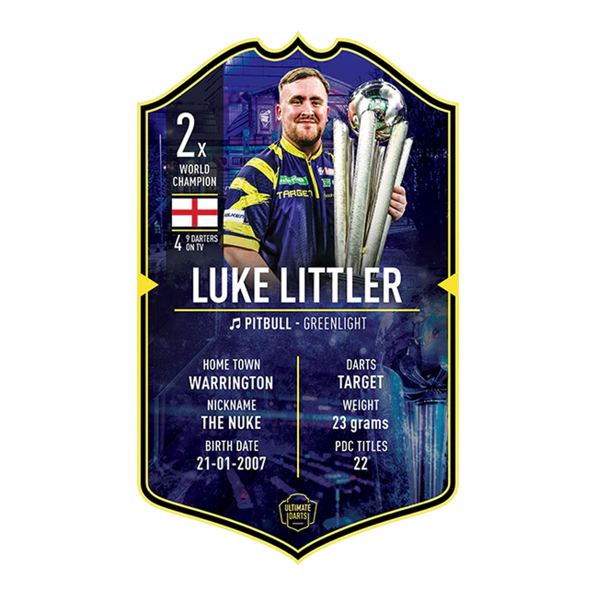 Carta freccette definitiva - Luke Littler Campione del mondo 2026 Dies ist die Ultimate Darts Card – Luke Littler World Champion 2026. Zu sehen ist die Sammelkarte von Luke Littler als Weltmeister.