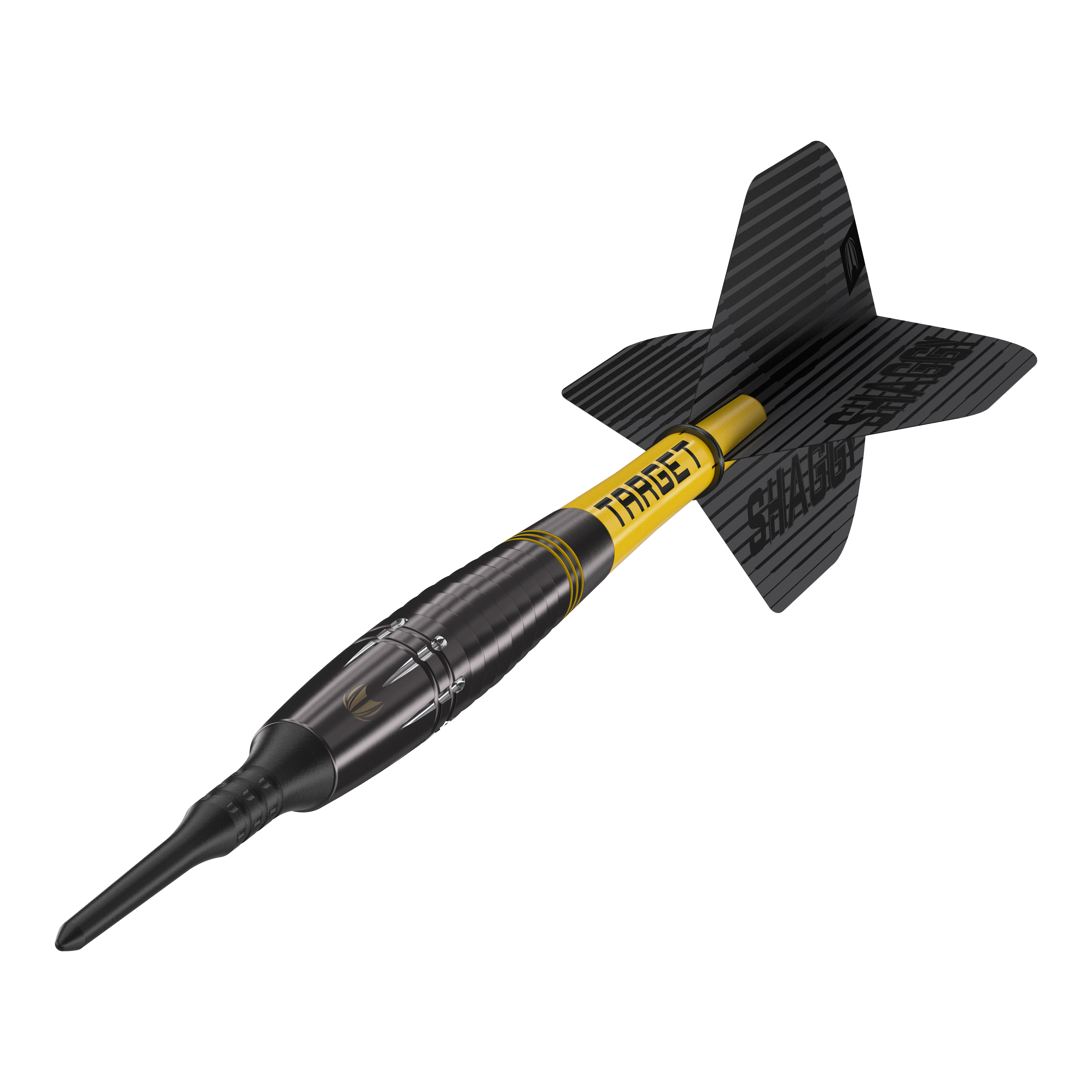 Freccette Target Scott Williams Shaggy Black Soft - 20 g Das Bild zeigt einen schwarzen Softdart mit gelbem Schriftzug „TARGET“ und der Aufschrift „SHAGGY“ auf der Flight. Es handelt sich um das Produkt „Target Scott Williams Shaggy Black Softdarts – 20g“.