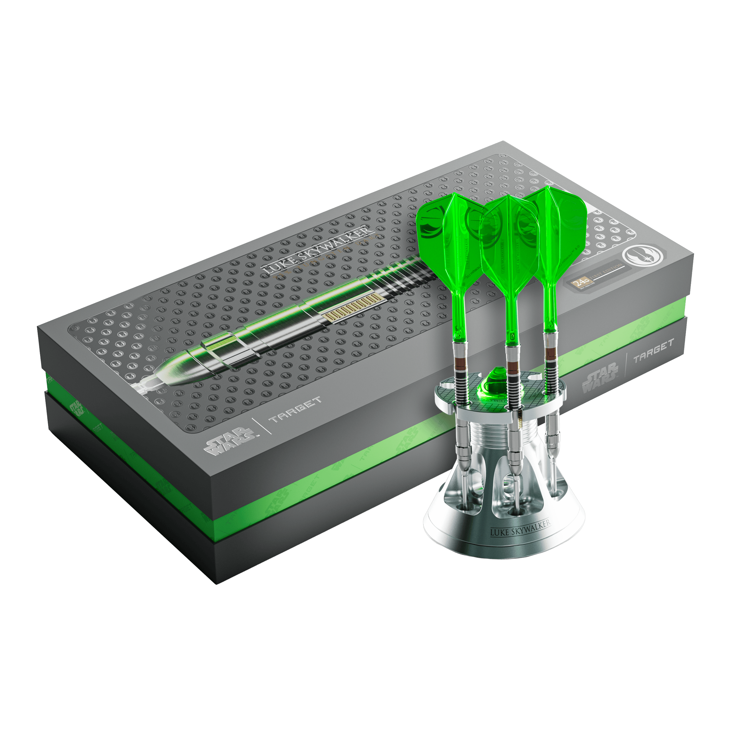 Target Star Wars Luke Skywalker Jedi Knight Lightsaber Limited First Edition Darts - 24 g Auf dem Bild befinden sich die Target Star Wars Luke Skywalker The Jedi Knight Light Saber Limited Edition Steeldarts - 24g. Diese limitierte Edition ist für Fans von Star Wars und Dartspieler geeignet.