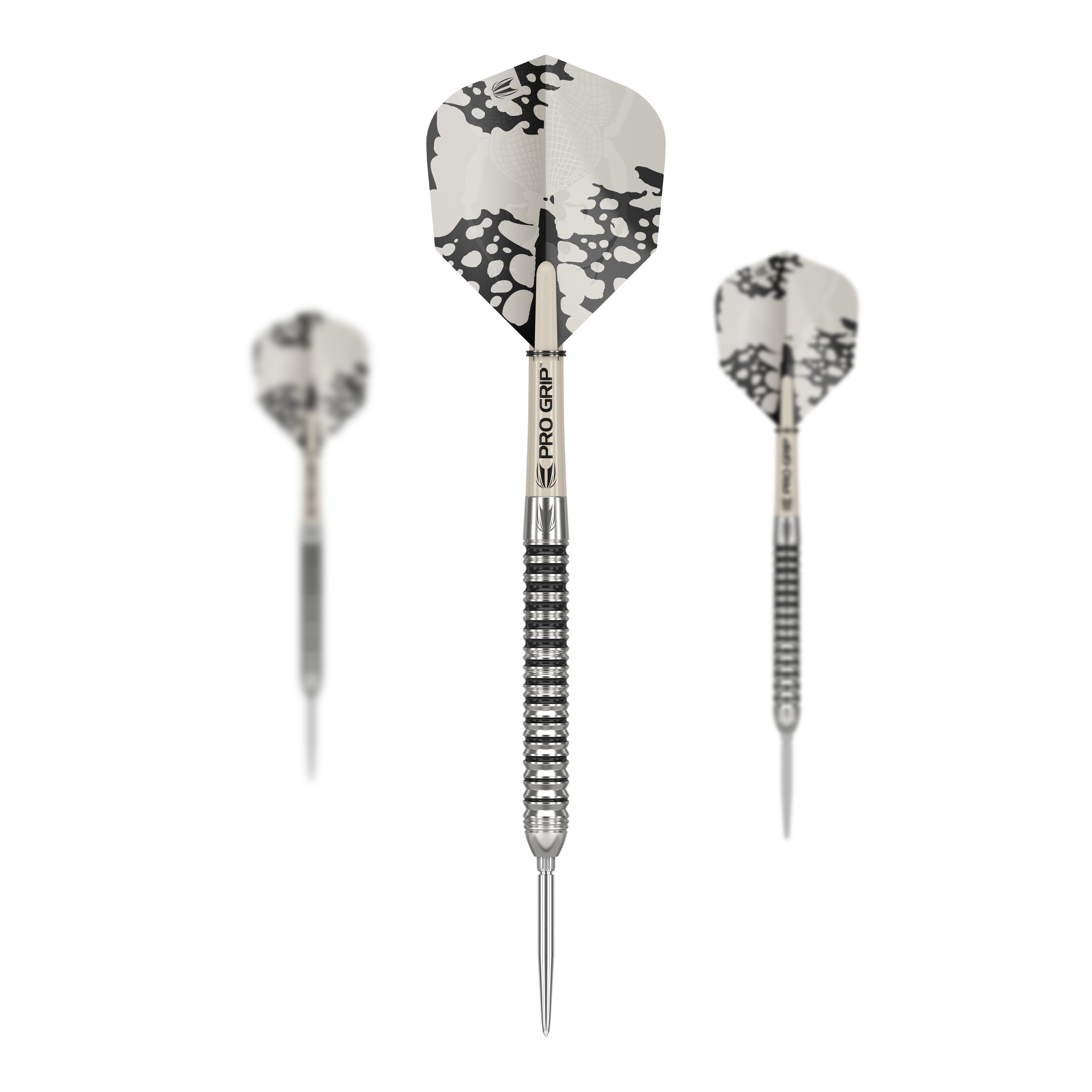 Freccette in acciaio Target EXO SP01 Swiss Point Das Bild zeigt die Target EXO SP01 Swiss Point Steeldarts mit schwarz-silbernem Design. Drei Darts mit strukturierten Griffen und auffälligen Flights sind zu sehen.