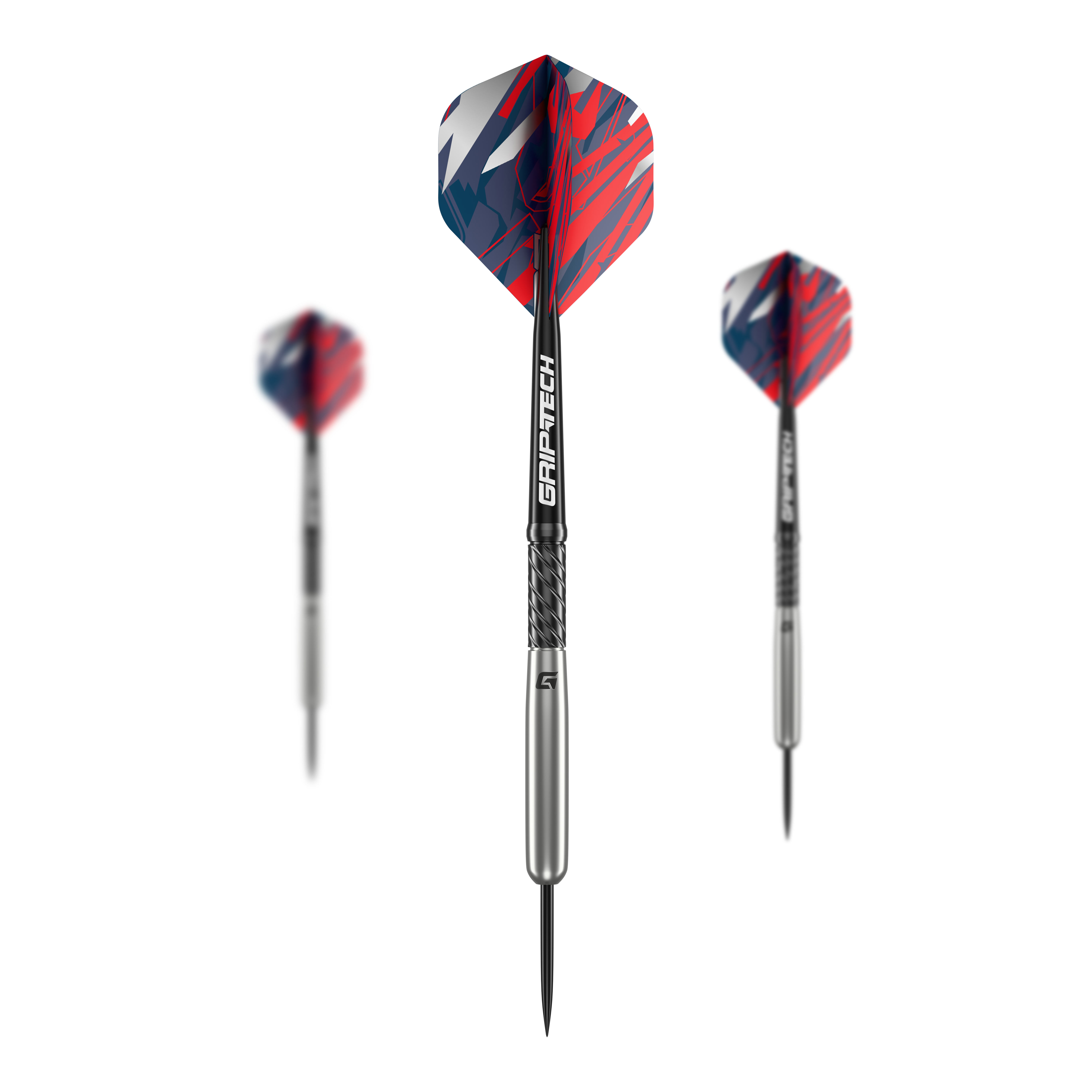 Freccette in acciaio al tungsteno per baseball GOAT Homerun Das Bild zeigt drei GOAT Homerun Baseball Tungsten Steeldarts mit silbernem Schaft und bunten, rot-blauen Flights. Die Darts sind modern gestaltet und heben sich durch das auffällige Design ab.