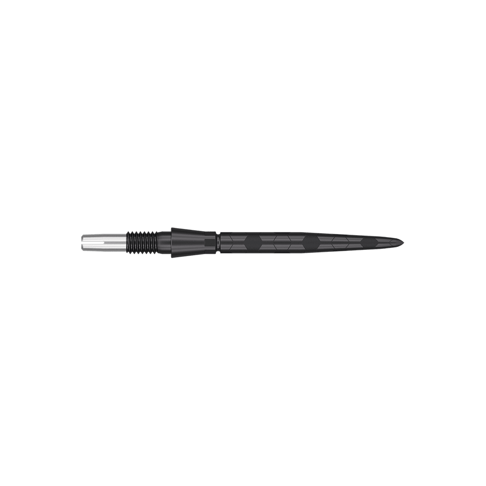 Punte per freccette Target Swiss Storm Onyx Point - Nere Das Bild zeigt eine schwarze Dartspitze mit einem modernen, strukturierten Design. Sie ist schmal und hat feine Rillen sowie ein sechseckiges Muster auf dem Schaft.