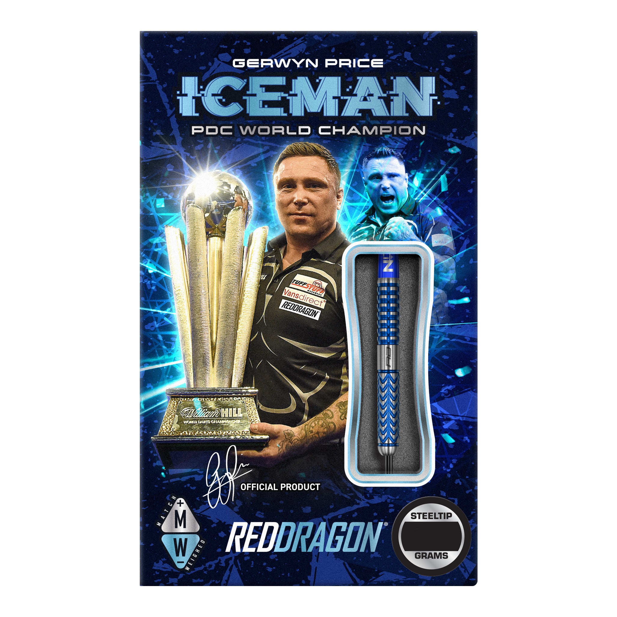 Freccette in acciaio Red Dragon Gerwyn Price Glacier Das Bild zeigt die Verpackung der "Red Dragon Gerwyn Price Glacier Steeldarts". Auf der Verpackung sind Gerwyn Price, ein großer Pokal und ein Steeldart abgebildet.