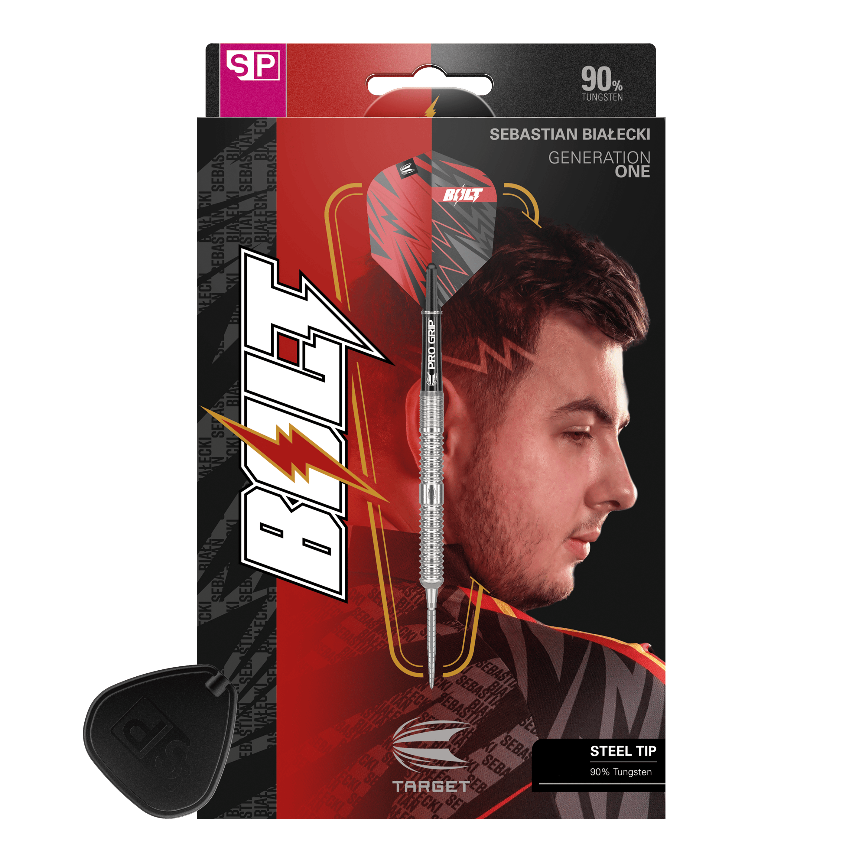 Freccette in acciaio Target Sebastian Bialecki GEN1 Swiss Point - 22 g Das Bild zeigt die Verpackung der "Target Sebastian Bialecki GEN1 Swiss Point Steeldarts - 22g". Auf der Verpackung ist ein Dartpfeil sowie das Porträt eines Mannes zu sehen.