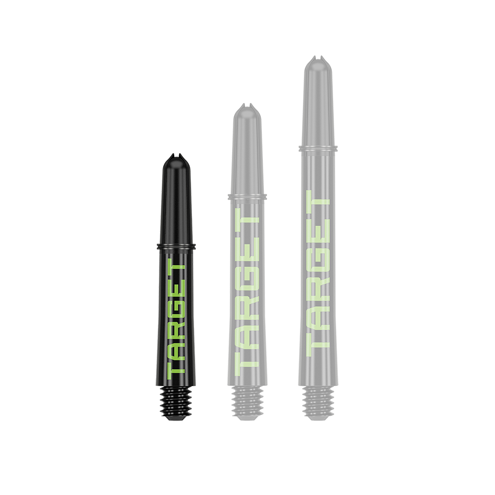 Aste Target Pro Grip TAG - 3 set - Nero Verde Das Bild zeigt drei schwarze Dart-Schäfte in verschiedenen Längen mit grünem Schriftzug "TARGET". Sie sind nebeneinander auf weißem Hintergrund angeordnet.