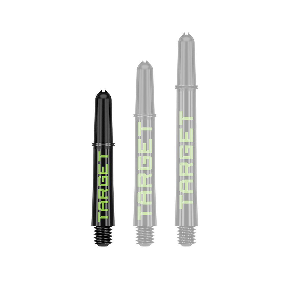 Aste Target Pro Grip TAG - 3 set - Nero Verde Ein Dart-Schaft in schwarzer Grundfarbe wird einzeln abgebildet. Die Akzentfarbe hebt das Produkt hervor.