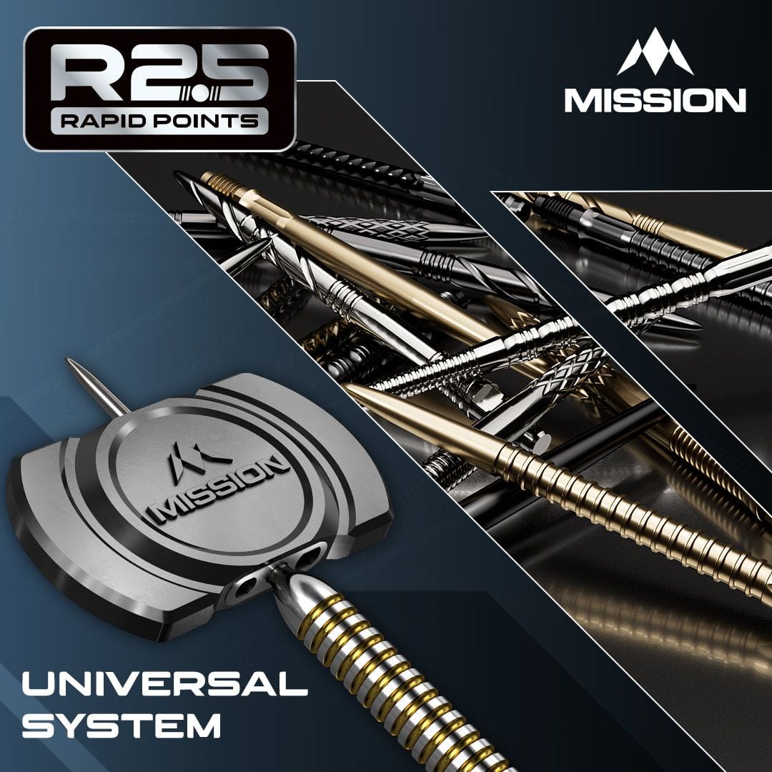 Punte per freccette Mission R2.5 Rapid Point GV1 - Nere Die Abbildung zeigt die Mission R2.5 Rapid Point GV1 Dartspitzen in Silber. Es sind speziell designte Dartspitzen für Präzision und Haltbarkeit.