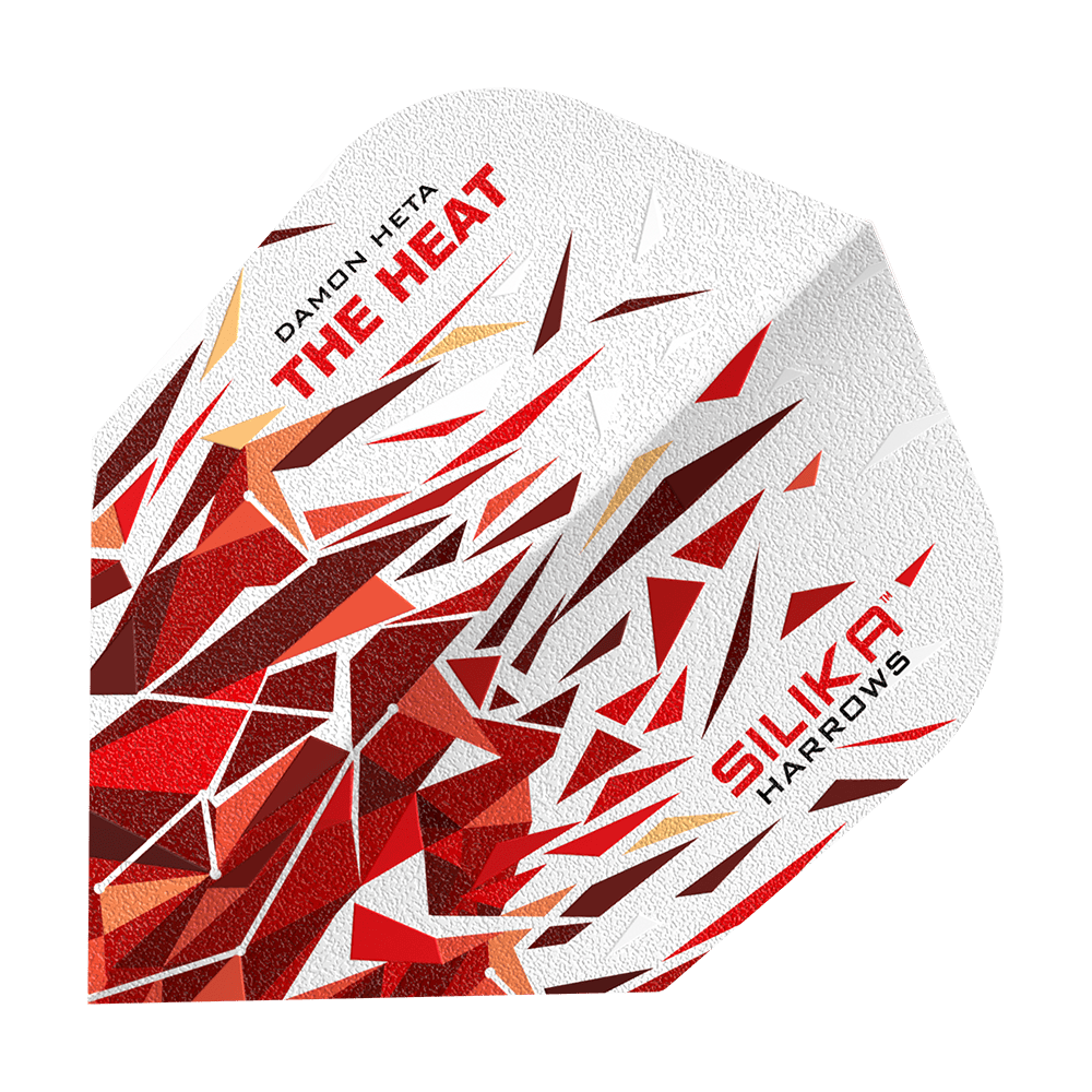 Harrows Silika Damon Heta 2 Solido rivestimento cristallino resistente No6 Voli Das Bild zeigt einen Dart Flight mit dem Namen "Harrows Silika Damon Heta 2 Solid Tough Crystalline Coating No6". Das Design ist weiß mit roten und braunen, geometrischen Mustern und dem Schriftzug "THE HEAT" und "SILIKA HARROWS".