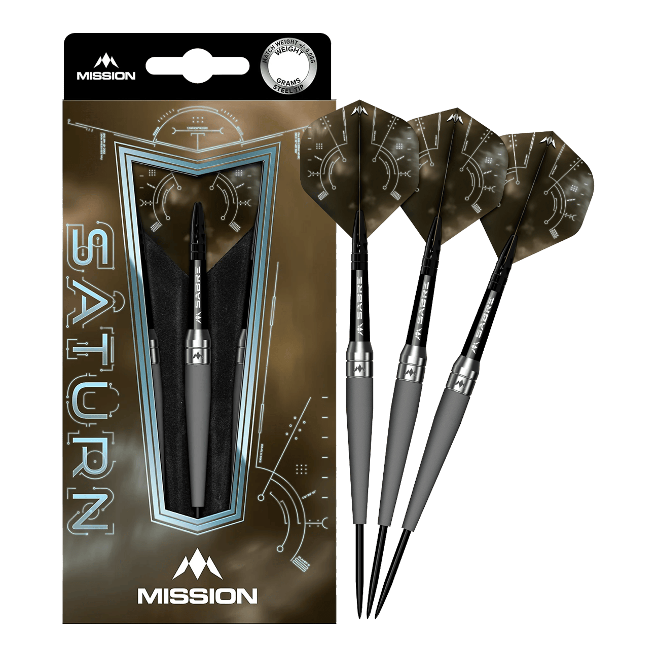 Freccette in acciaio della Missione Saturn Titan Das Bild zeigt das Produkt "Mission Saturn Titan Steeldarts" in seiner Verpackung. Neben der Verpackung sind drei Steeldarts mit dunklen Flights zu sehen.