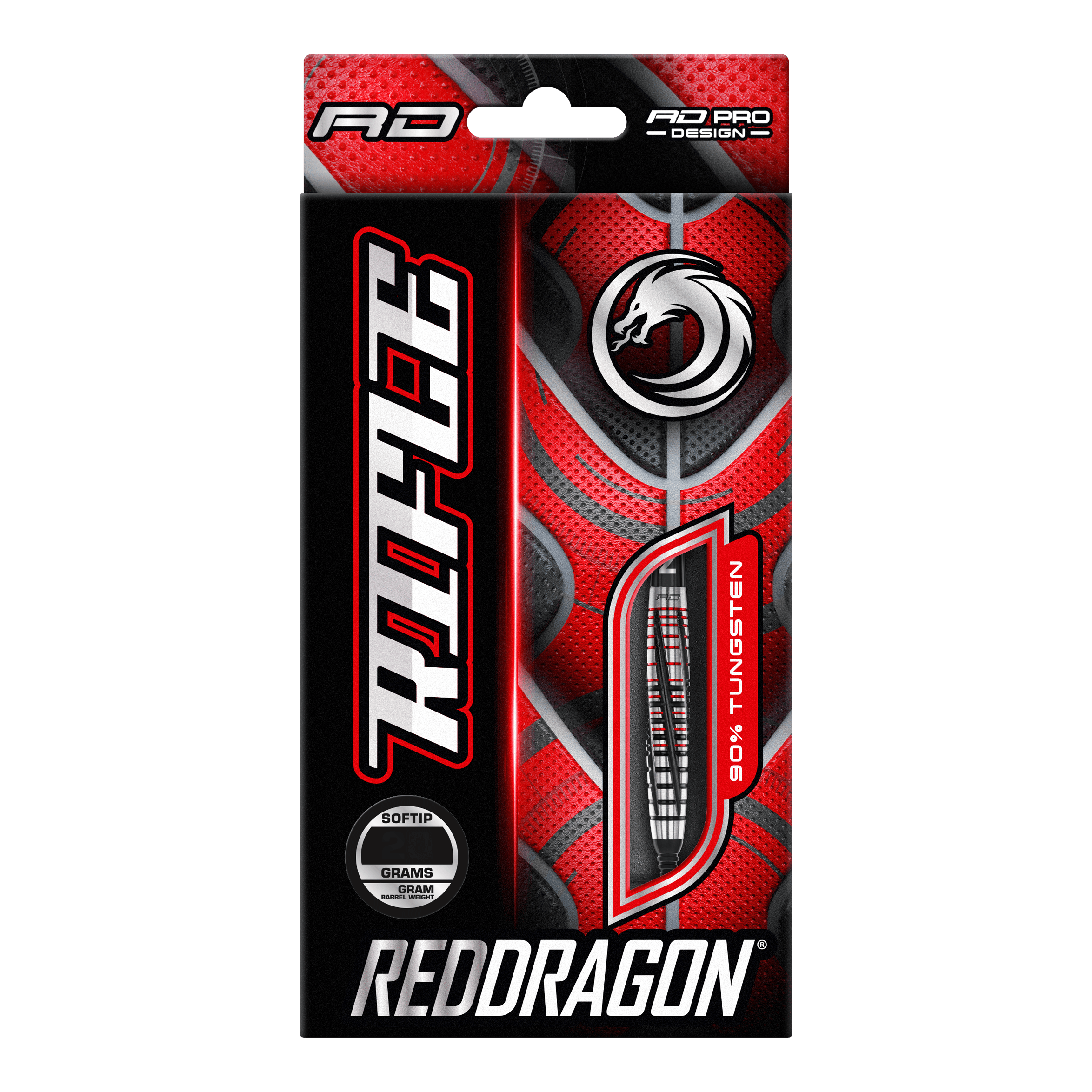 Freccette morbide Red Dragon Rifle - 20 g Die Abbildung zeigt die Verpackung der "Red Dragon Rifle Softdarts - 20g". Das Design ist auffällig in Rot und Schwarz gehalten und zeigt eine Abbildung eines Dartpfeils.