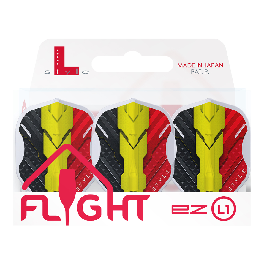 Alette L-Style V-Series V1 Tipo C Belgio Bianco Trasparente L1EZ Das Bild zeigt eine Packung mit drei L-Style V-Series V1 Type C Belgium Clear White L1EZ Flights. Die Flights sind in den Farben Schwarz, Gelb und Rot gestaltet und werden in einer Verpackung mit der Aufschrift "Made in Japan" präsentiert.