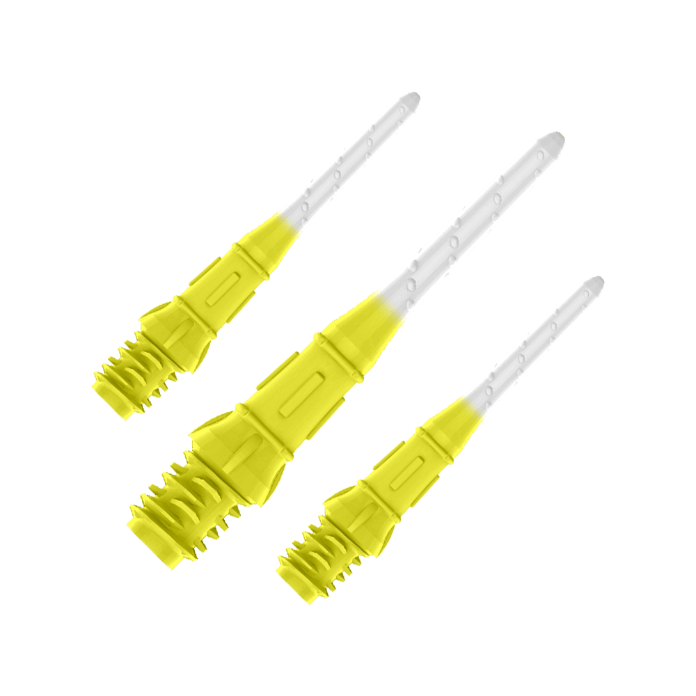 L-Style Premium Two Tone Lippoints (confezione da 30) Auf dem Bild sind drei gelb-weiße Dartspitzen zu sehen. Sie sind nebeneinander angeordnet und wirken modern sowie hochwertig verarbeitet.