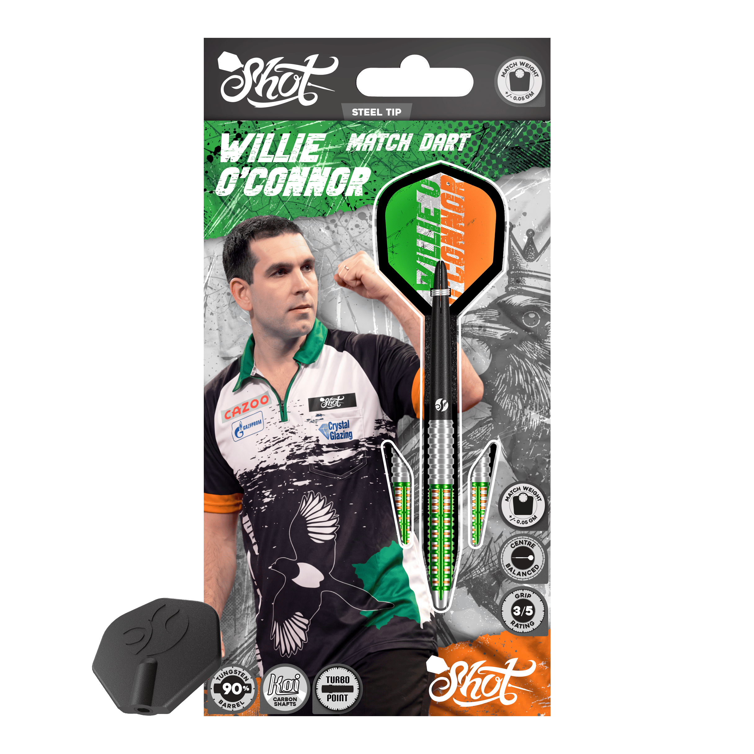 Shot Pro Series Willie O'Connor Turbo Point Steeldarts Shot Pro Series Willie O'Connor Turbo Point Steeldarts sind Dartpfeile mit modernen Griffbereichen. Sie werden nebeneinander gelegt gezeigt.