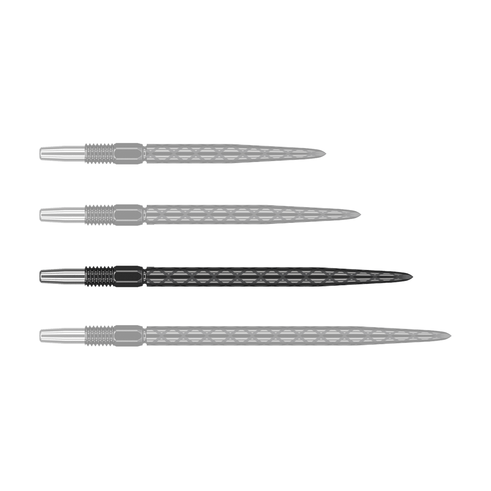Punte per freccette Target Swiss Diamond Pro Black Points Das Bild zeigt vier schwarze Dartspitzen mit einem rautenförmigen Muster. Sie sind nebeneinander auf weißem Hintergrund angeordnet.