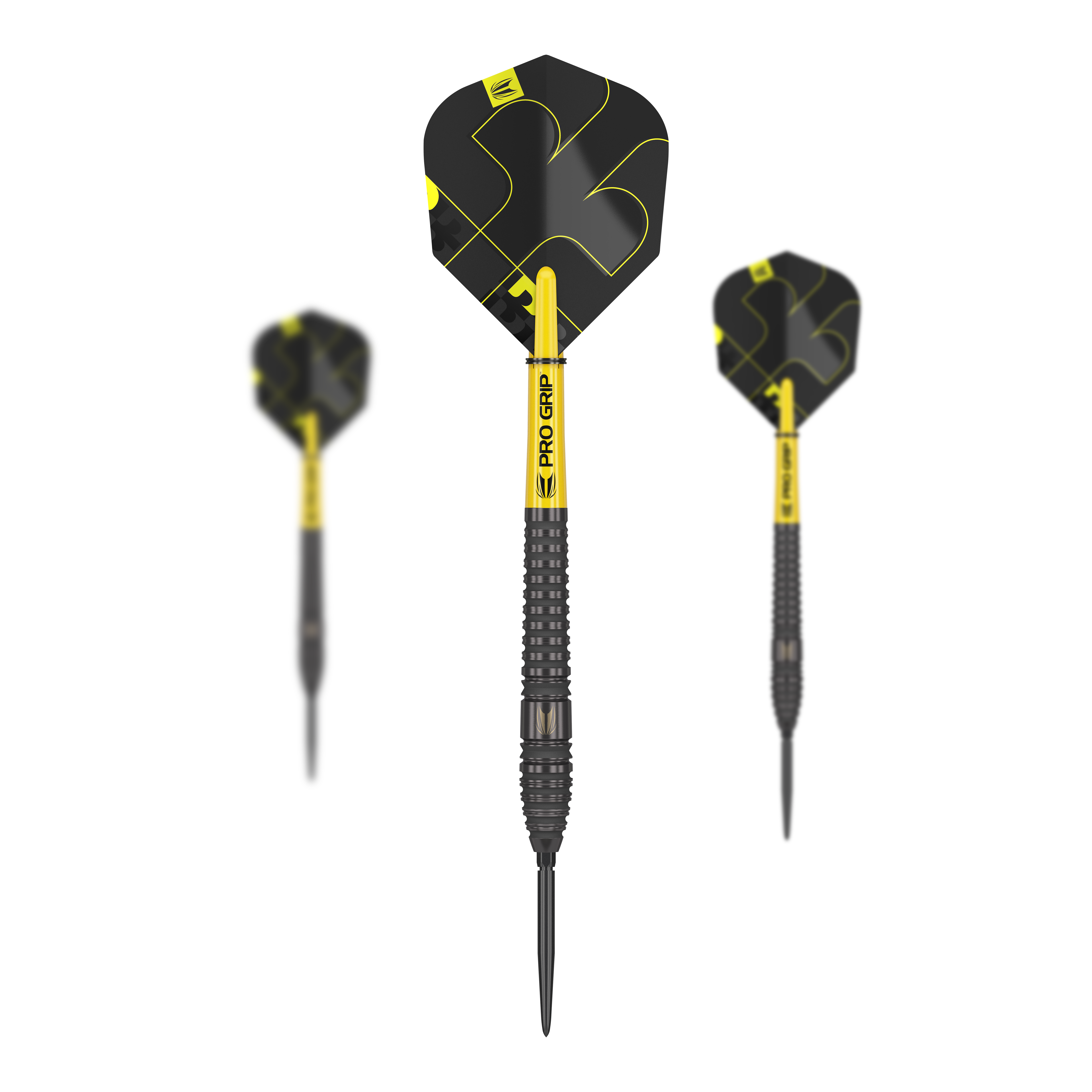 Freccette in acciaio Target Bolide Void 03 Swiss Point Das Bild zeigt drei Steeldarts des Produkts "Target Bolide Void 03 Swiss Point". Die Darts sind schwarz-gelb und haben den Schriftzug "Pro Grip" auf dem Schaft.