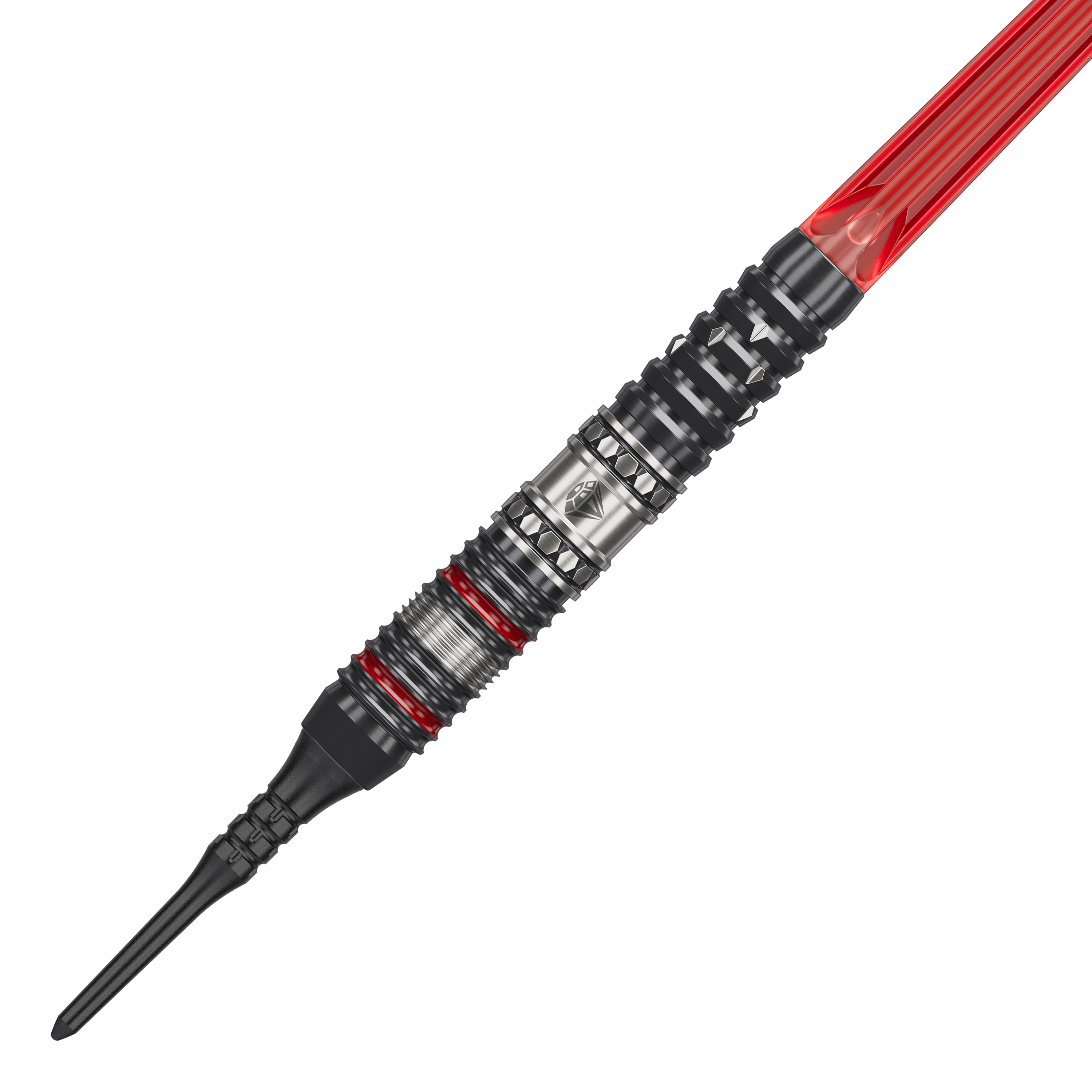 Freccette morbide Target Japan Prime Series Diamond GEN3 - 18 g Das Bild zeigt einen Softdartpfeil aus der Produktreihe "Target Japan Prime Series Diamond GEN3" mit 18g Gewicht. Der Pfeil hat ein metallisches Design mit roten Akzenten und einer schwarzen Kunststoffspitze.