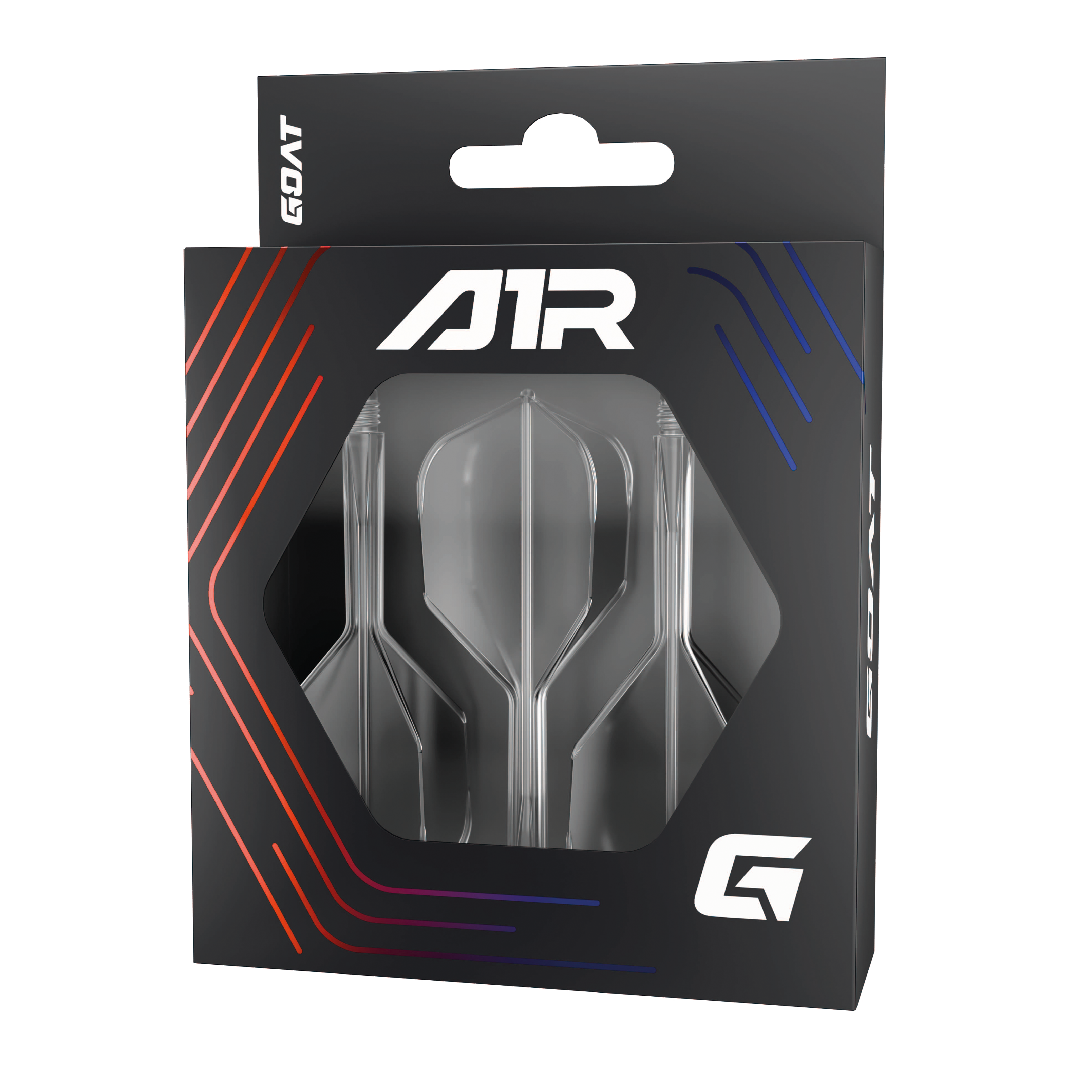 Sistema di albero di volo GOAT A1R No6 - Trasparente Die Abbildung zeigt das Produkt "GOAT A1R No6 Flight-Shaft-System - Clear" in einer schwarzen Verpackung mit Sichtfenster. In der Packung sind drei klare Flight-Shaft-Systeme für Dartpfeile zu sehen.