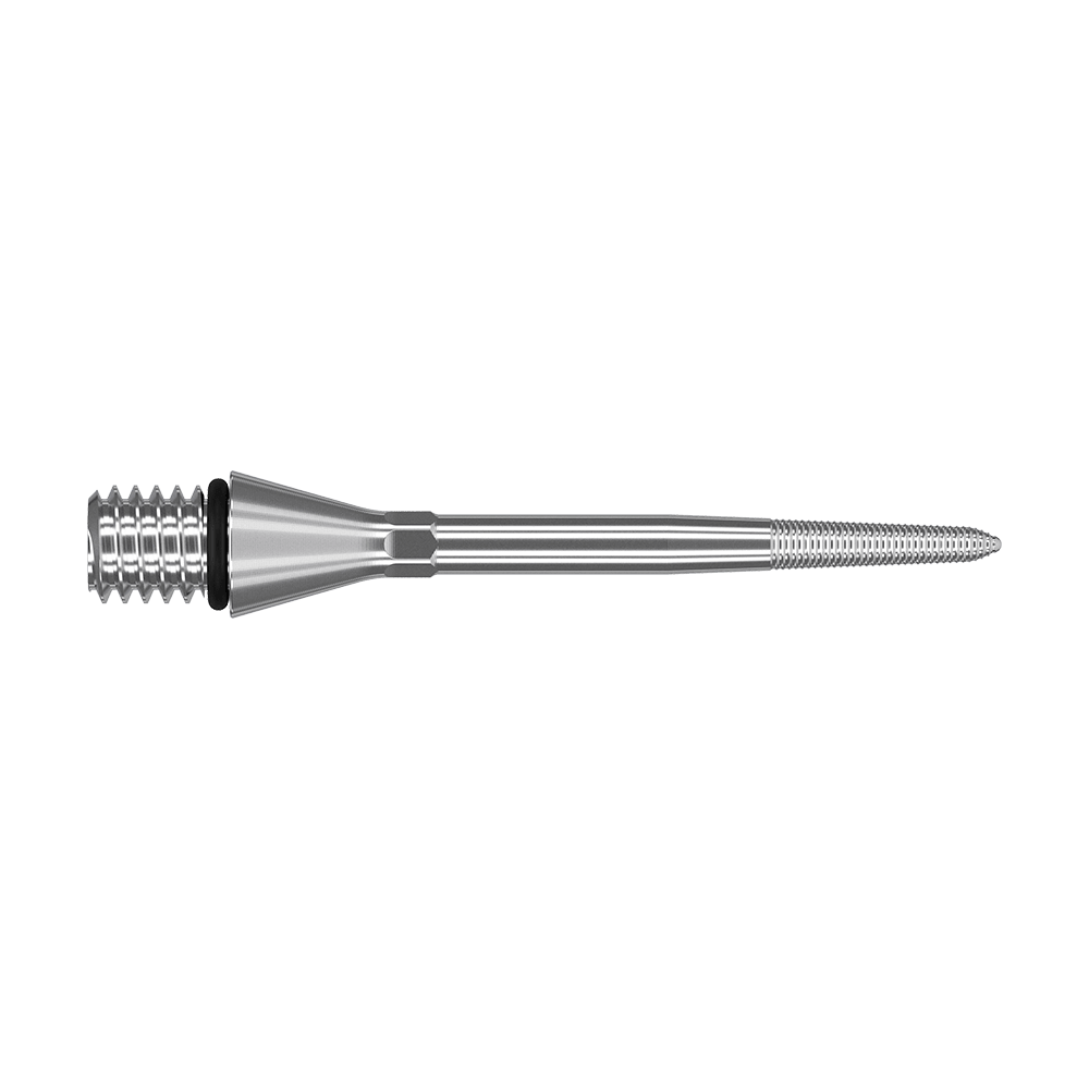 380169_Target_Titanium_Swiss_Point_Nano_Conversion_Points_Silber_30mm_2 Das Bild zeigt eine silberne, metallische Dartspitze mit Gewinde. Die Spitze ist schlank und hat eine glatte, glänzende Oberfläche.