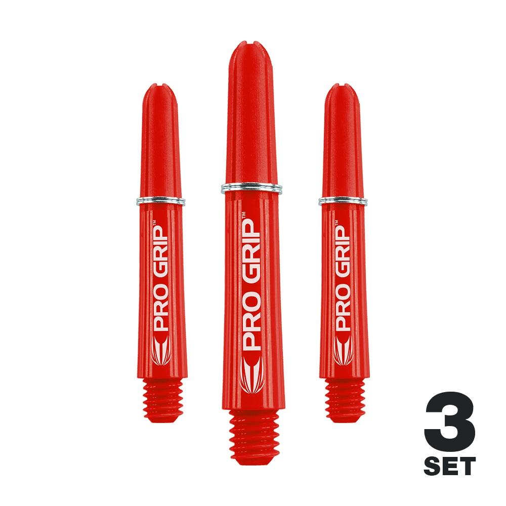 Target Pro Grip Shafts - 3 set - Rosso Das Bild zeigt drei rote Pro Grip Dart-Schäfte, die nebeneinander stehen. In der rechten unteren Ecke steht "3 Set".