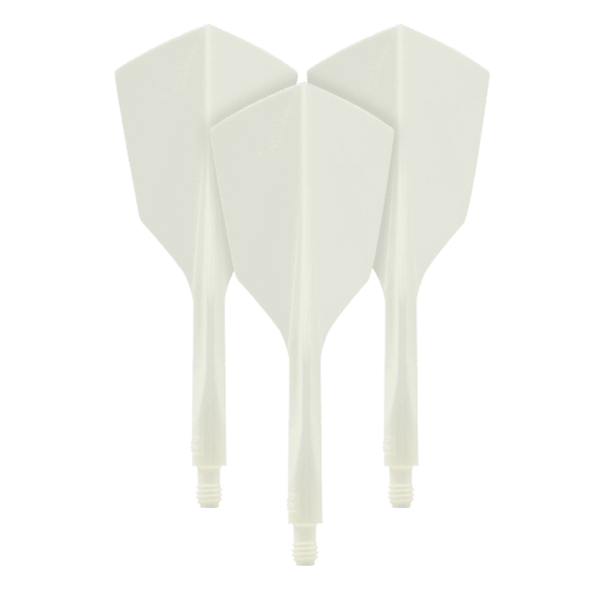 Auf dem Bild sind drei weiße Dartflights aus dem Set "Condor Axe 120 Flight-System White - Narrow" zu sehen. Die Flights haben eine schmale Form und sind miteinander verbunden.