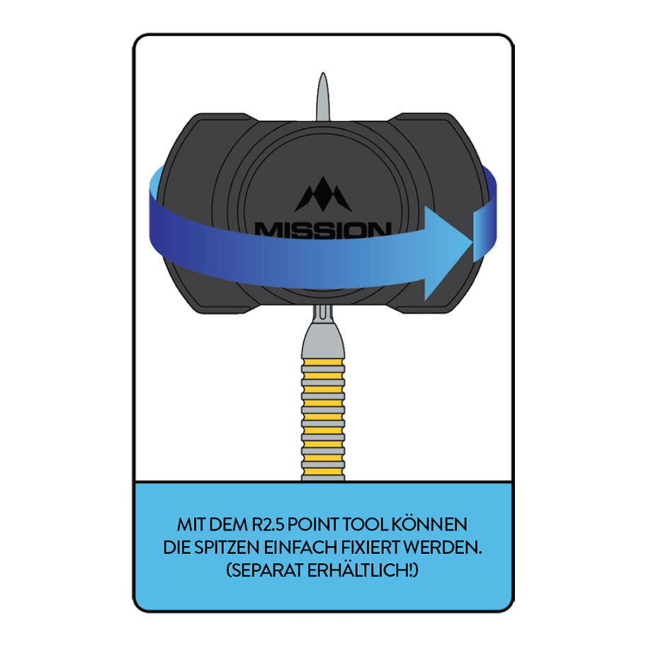 Missione R2.5 Strumento rapido per la puntatura Hier ist das Mission R2.5 Rapid Point Tool abgebildet. Es unterstützt den Spieler beim Wechseln der Dartspitzen.