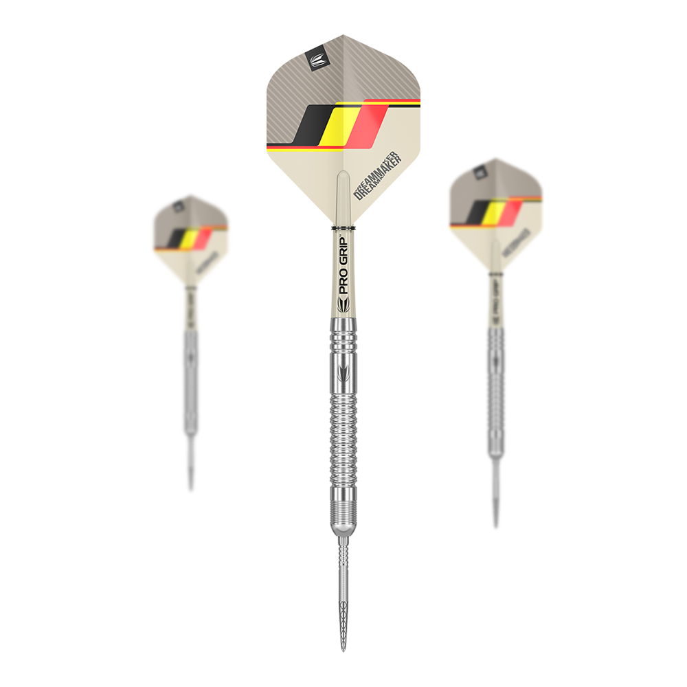 Freccette in acciaio Target Dimitri Van Den Bergh GEN2 Swiss Point Das Bild zeigt drei Steeldarts des Modells "Target Dimitri Van Den Bergh GEN2 Swiss Point". Die Darts haben silberne Spitzen und Schäfte sowie Flights mit einem schwarz-gelb-roten Design.
