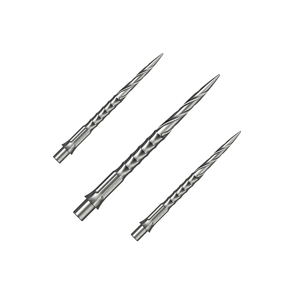Das Bild zeigt ein Set aus silbernen Steeldartspitzen. Diese Spitzen sind 32 mm lang und haben ein Spiro NoLip Design.