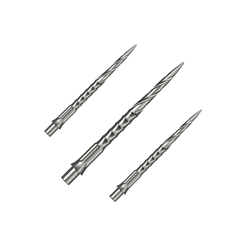 Punte per freccette in acciaio Caliburn System - Spiro - NoLip - argento Das Bild zeigt ein Set aus silbernen Steeldartspitzen. Diese Spitzen sind 32 mm lang und haben ein Spiro NoLip Design.