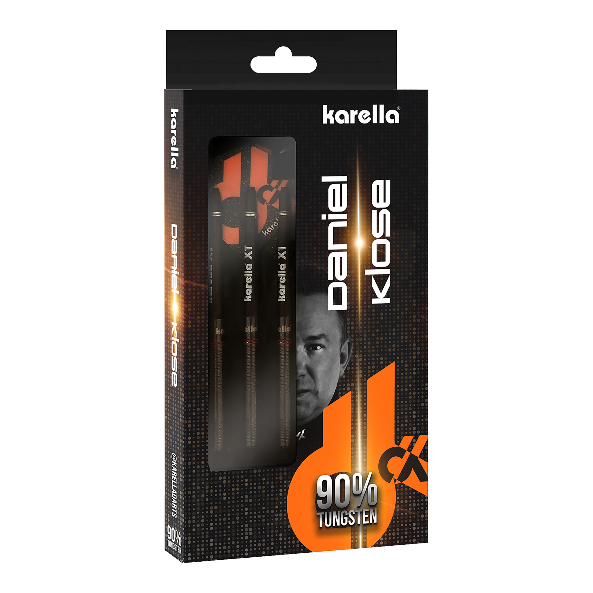 Freccette in acciaio Karella Daniel Klose Die Verpackung zeigt die Karella Daniel Klose Steeldarts. Die Darts bestehen zu 90% aus Wolfram.