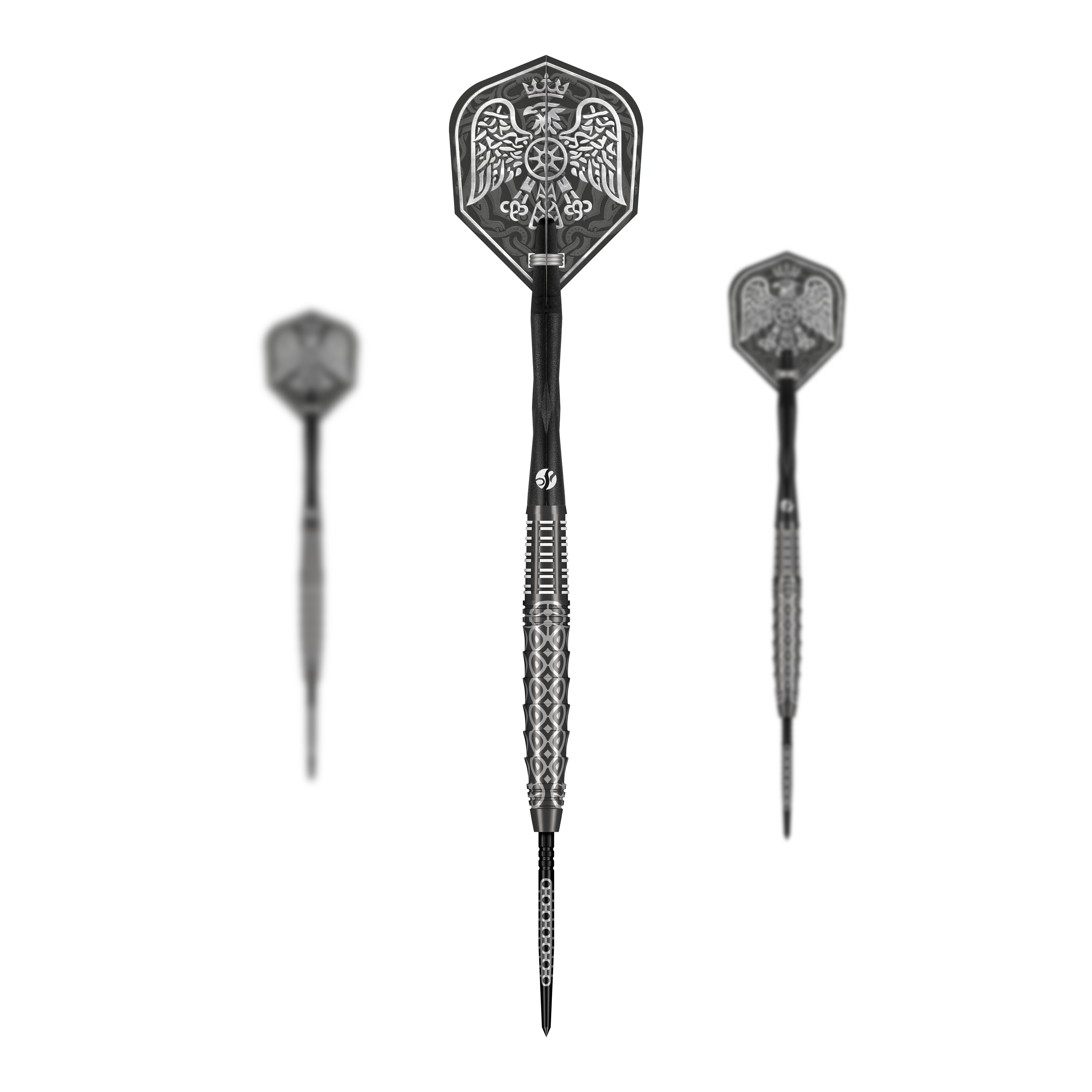 Freccette in acciaio Shot Goths Wulfaz Turbo Point - 23 g Das Bild zeigt das Shot Goths Wulfaz Turbo Point Steeldarts - 23g Set. Alle Teile des Dart Sets sind deutlich zu erkennen.