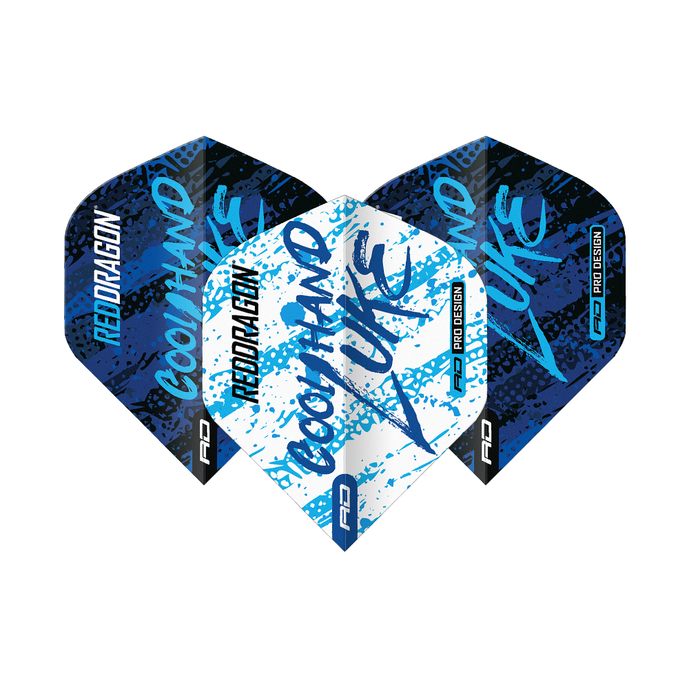 Red Dragon Luke Humphries Campione del mondo Voli standard Blu Bianco Yin Yang Das Bild zeigt drei Dart-Flights mit dem Design "Red Dragon Luke Humphries World Champion Blue White Yin Yang". Die Flights sind in Blau, Weiß und Schwarz gehalten und tragen die Aufschrift "Cool Hand Luke".