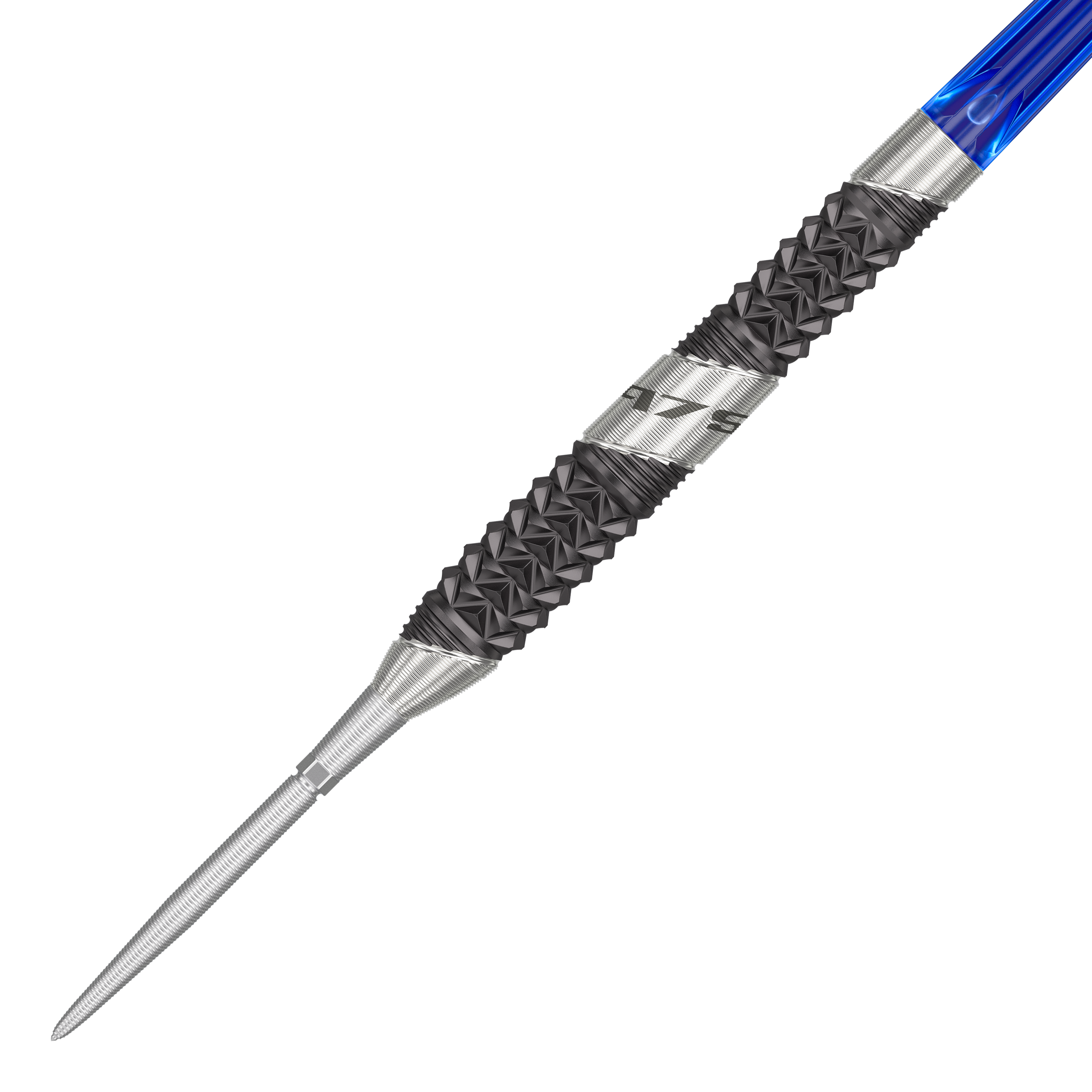 Freccette in acciaio Target 975 Ultra Marine 02 Swiss Point Das Bild zeigt einen Target 975 Ultra Marine 02 Swiss Point Steeldart. Der Dart hat eine silberne Spitze, einen schwarzen, strukturierten Griffbereich und einen blauen Schaft.