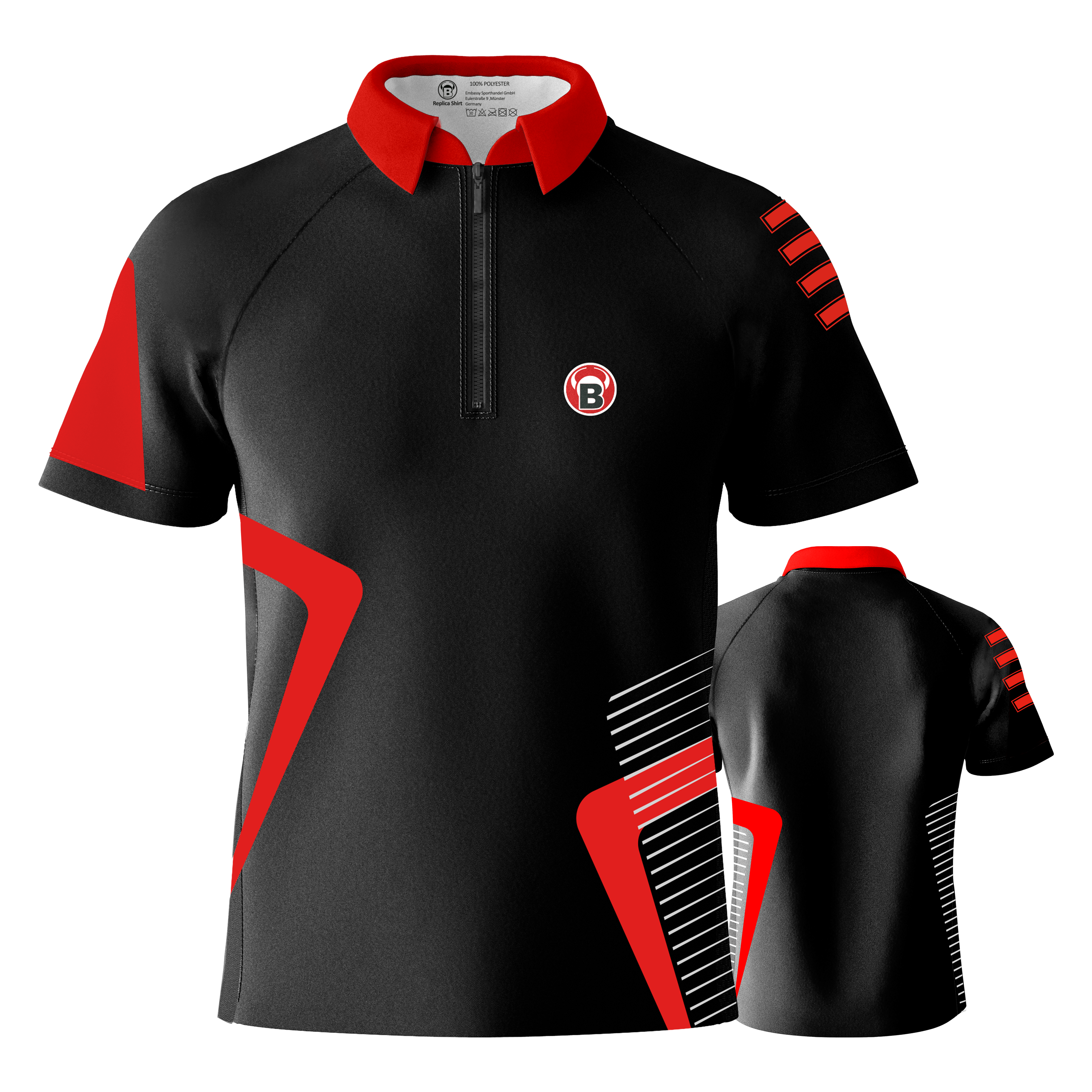 Maglietta Bulls Team Dart - Rossa Das Bild zeigt ein schwarzes Dartshirt mit roten und weißen Akzenten. Das Shirt hat einen roten Kragen und das Bulls-Logo auf der Vorderseite.