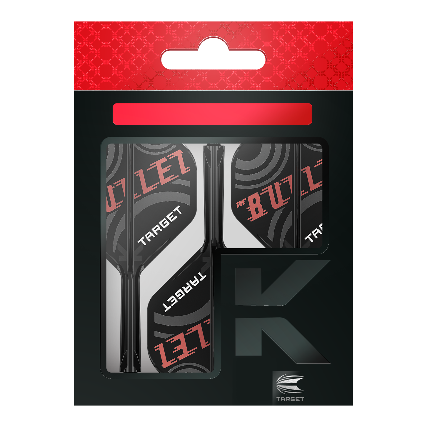Sistema di alberi di volo standard Target K-Flex Stephen Bunting No2 Die Abbildung zeigt eine Verpackung der "Target K-Flex Stephen Bunting No2 Standard Flights". Die Flights sind schwarz, weiß und rot gestaltet und tragen die Aufschrift "THE BULLET" sowie "TARGET".