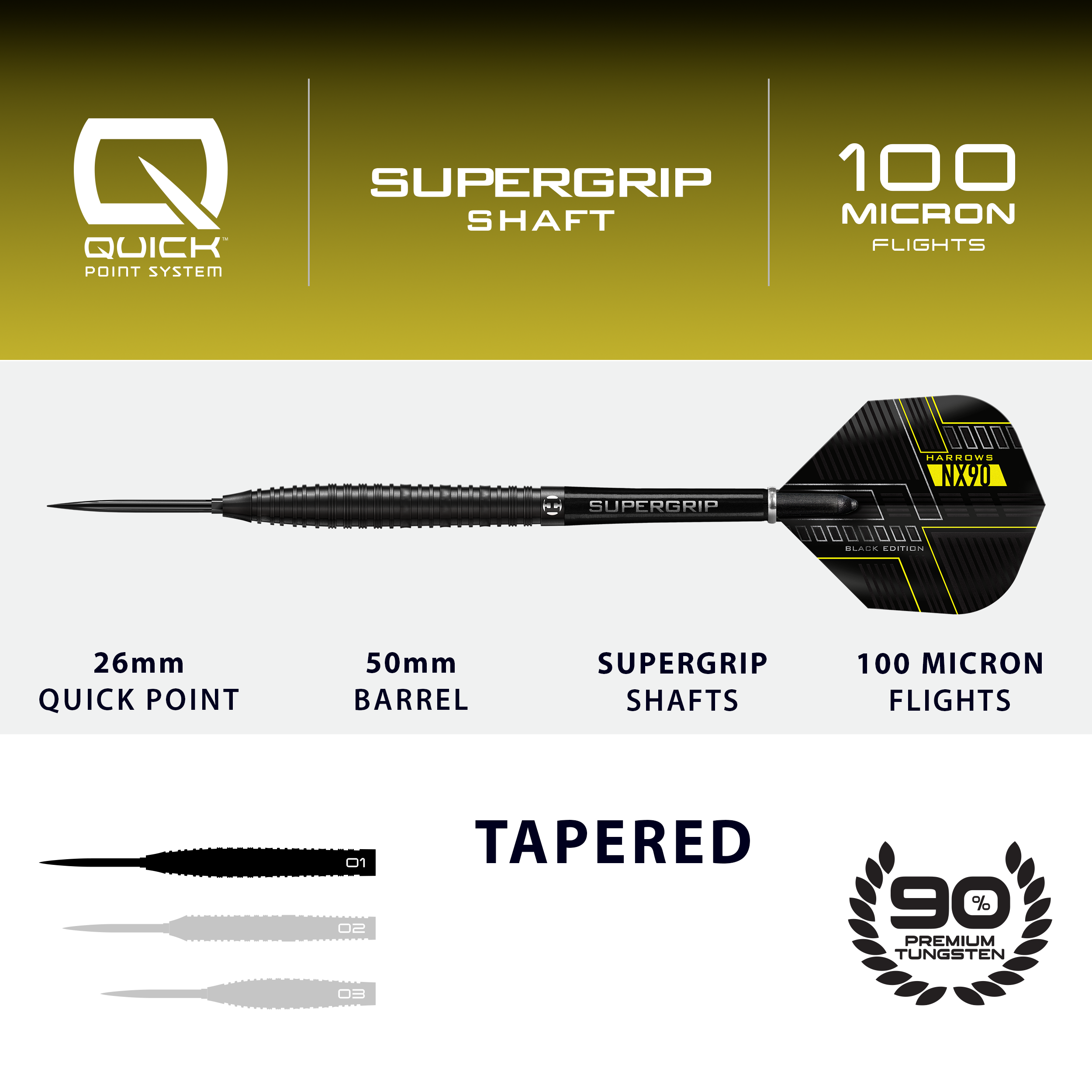 Freccette in acciaio coniche Harrows NX90 Black Edition Quick Point Das Bild zeigt die Harrows NX90 Black Edition Tapered Quick Point Steeldarts. Diese Steeldarts zeichnen sich durch ihr modernes schwarzes Design aus.