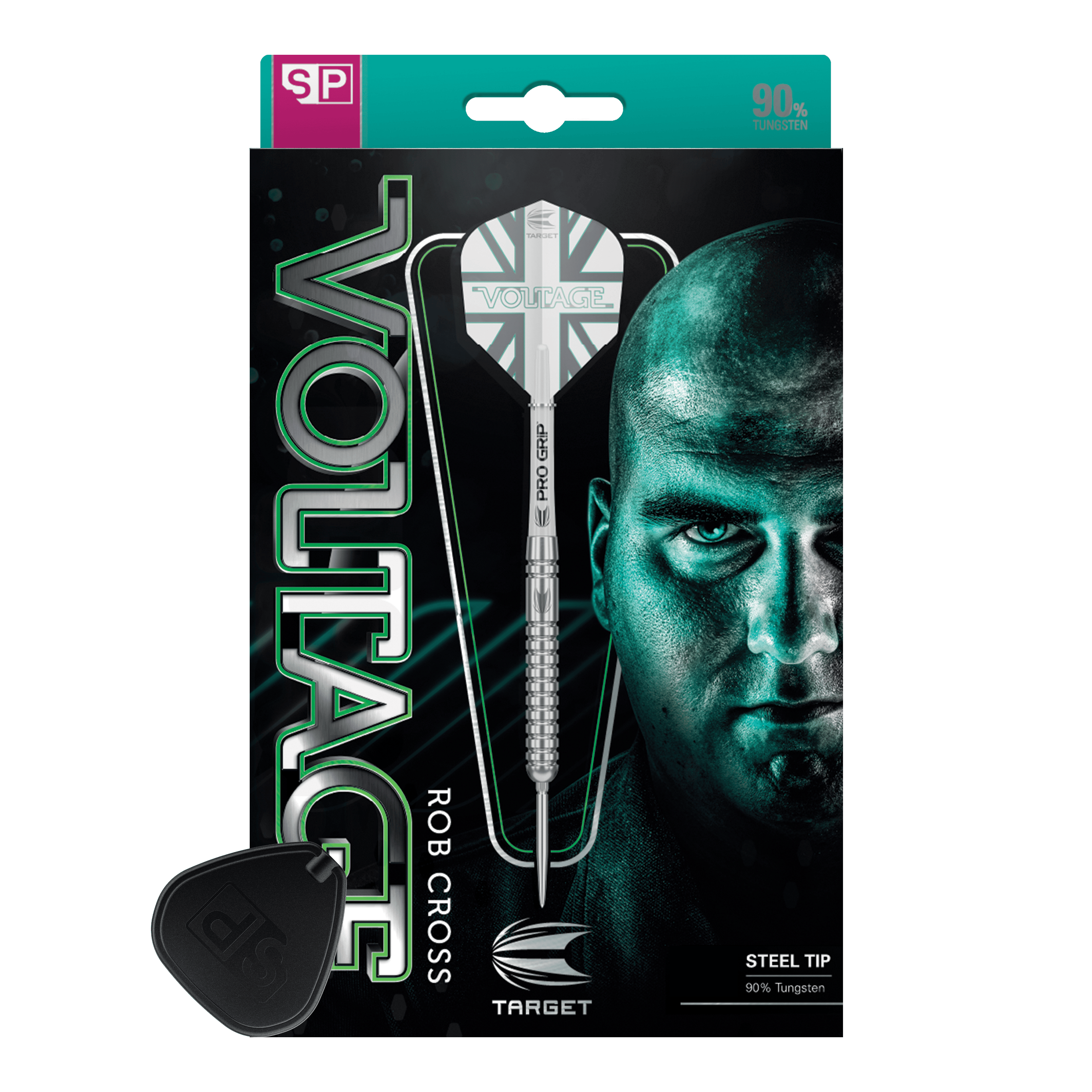 Freccette in acciaio Target Rob Cross Voltage Swiss Point Das Bild zeigt die Verpackung der "Target Rob Cross Voltage Swiss Point Steeldarts". Auf der Verpackung sind ein Dartpfeil und das Gesicht eines Mannes prominent abgebildet.
