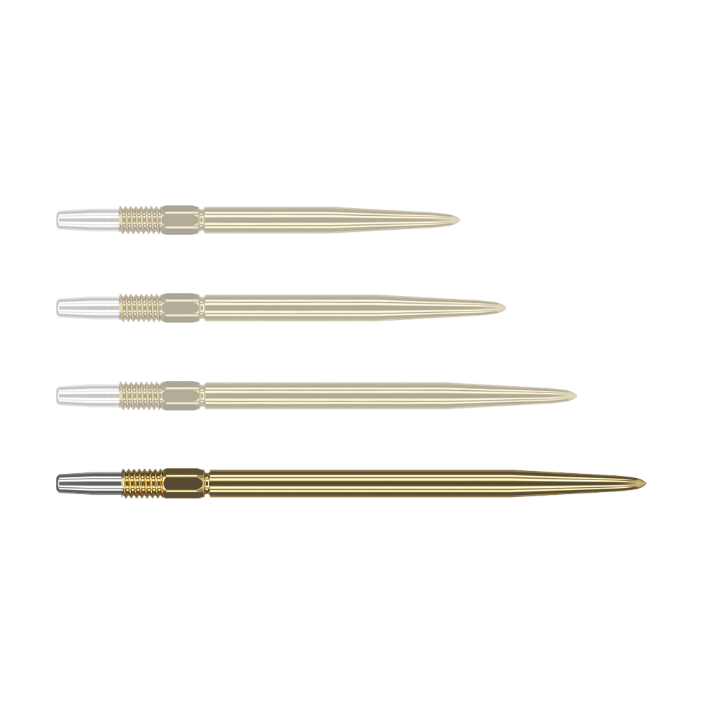Punte per freccette Target Swiss Point Gold Auf dem Bild sind vier goldfarbene Dartspitzen zu sehen, die nebeneinander liegen. Die Spitzen haben einen silbernen Abschnitt am linken Ende und sind ansonsten komplett goldfarben.