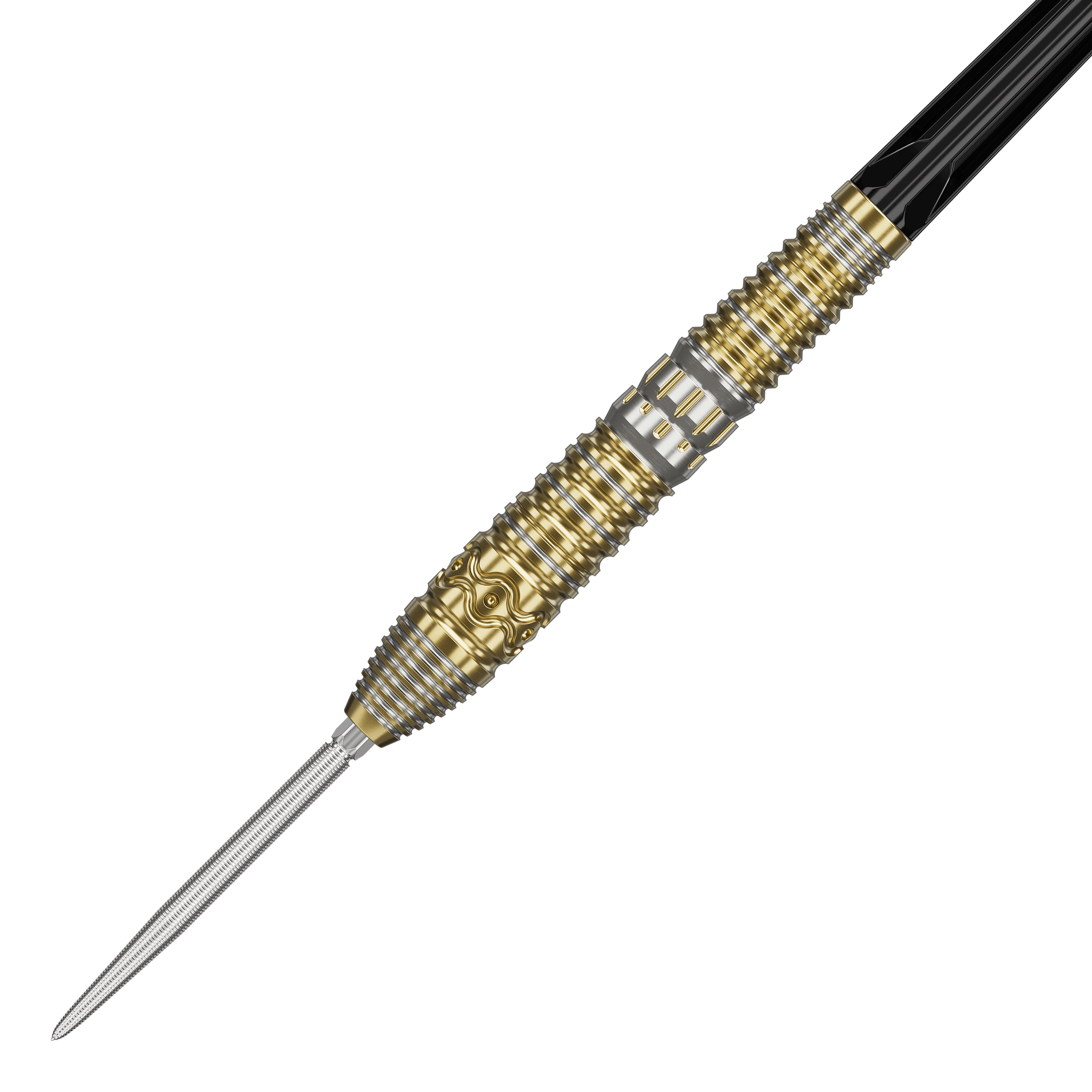 Freccette in acciaio Target Japan Hot Shot GEN2 - 23 g Das Bild zeigt einen Target Japan Hot Shot GEN2 Steeldart mit einem Gewicht von 23g. Der Steeldart hat ein auffälliges Design mit goldenen und silbernen Rillen und Mustern am Barrel.
