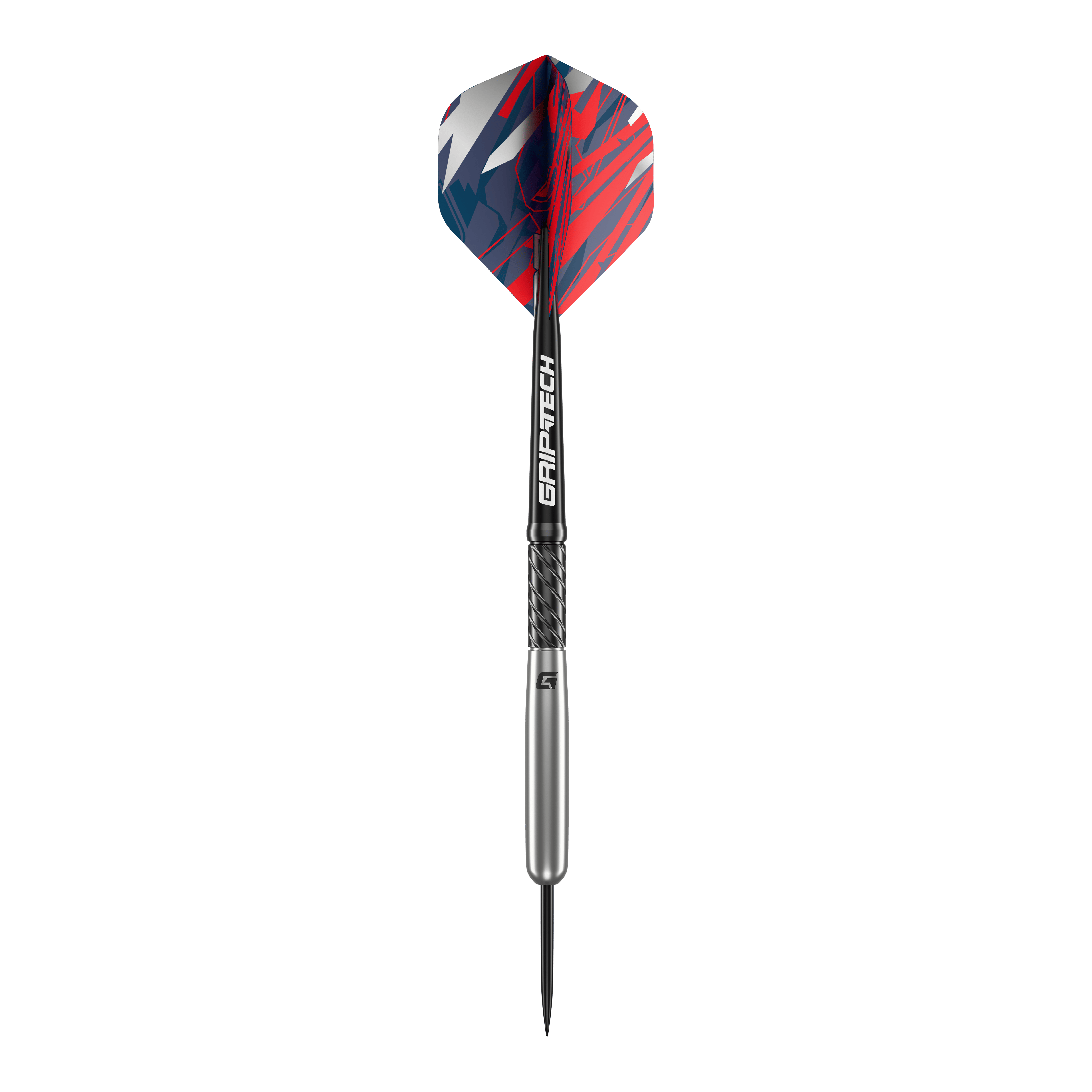 Freccette in acciaio al tungsteno per baseball GOAT Homerun Das Bild zeigt den GOAT Homerun Baseball Tungsten Steeldart. Der Dart hat auffällige Flights in Rot, Blau und Weiß sowie einen silbernen Schaft mit der Aufschrift "GRIP-TECH".