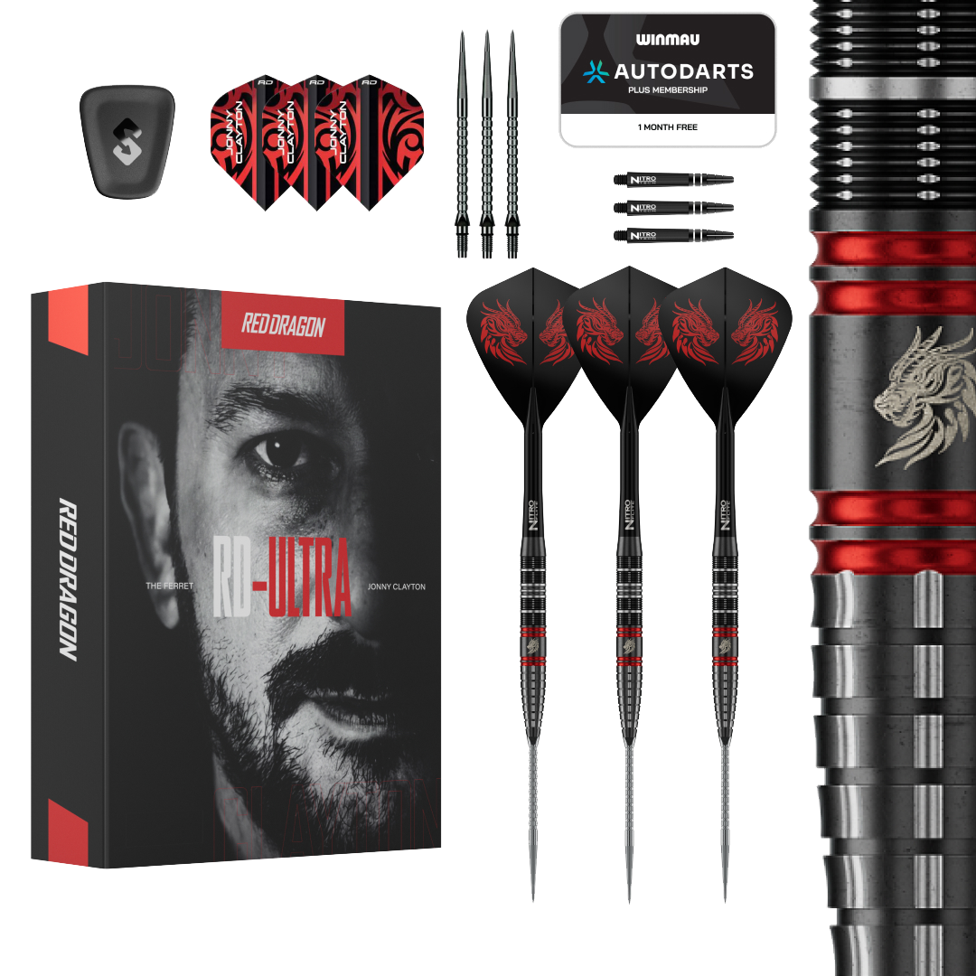 Freccette in acciaio Red Dragon Jonny Clayton RD-ULTRA Switch Point - 22 g Auf dem Bild ist das Produkt Red Dragon Jonny Clayton RD-ULTRA Switch Point Steeldarts - 22g zu sehen. Die Steeldarts befinden sich vor einem weißen Hintergrund.